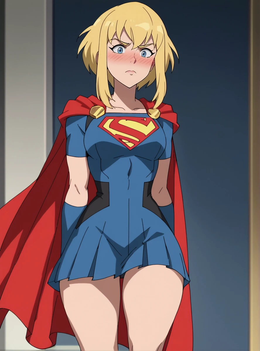 score_9, score_8_up, score_7_up, score_6_up, score_5_up, score_4_up,  source_anime , anime screencap,   <lora:KaraSuper:0.8>1girl, blonde hair, solo,, karacivil, short hair, , sidelocks, blue eyes,  , wide hips, narrow waist,nose blush,supergirl_costume, cape, red_skirt,red_elbow_gloves  miniskirt,  thick thighs,