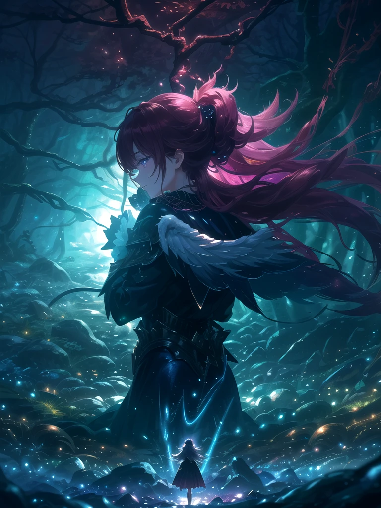 dramatic anime opening scene, intimate angel, side view, in motion, slow motion, gracefully, gorgeous, dark feel, beauty in the middle of a dark magical forest, empty and desolate feel, proud girl, (purple eyes:1.03), (red necklace:1.12), (colorful, happy, satisfied:0.9), (lush nature:0.3)