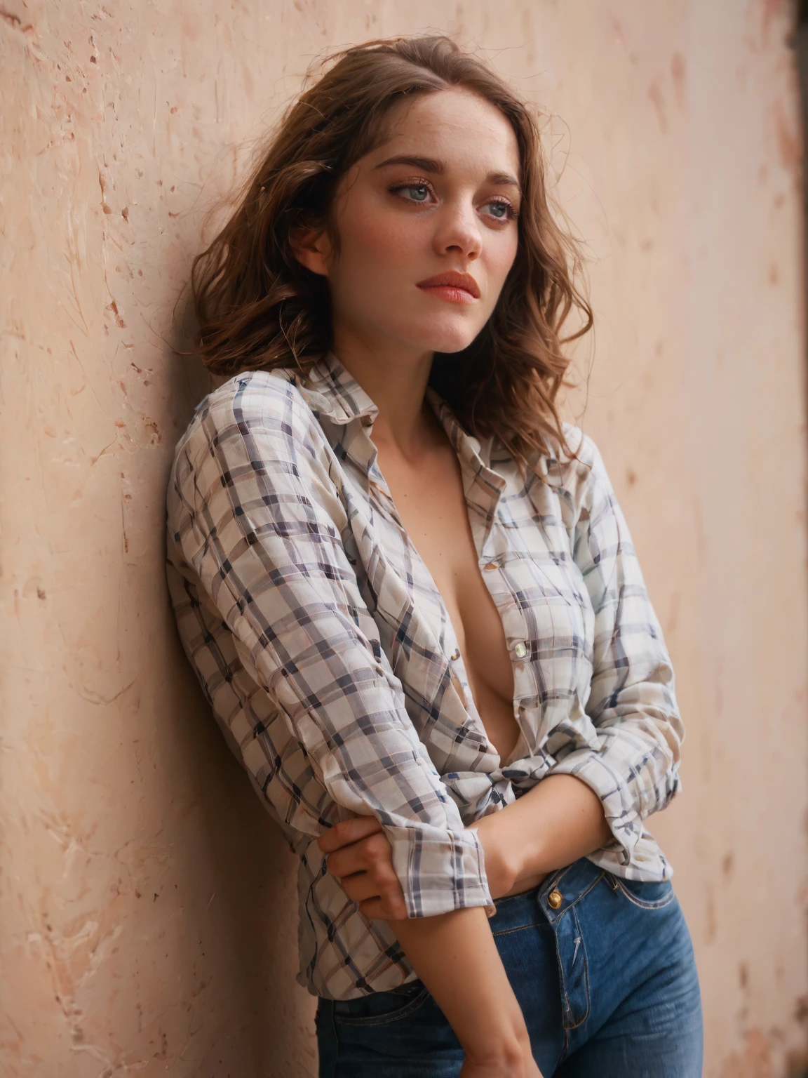 score_9, score_8_up, score_7_up, marioncotillard <lora:marioncotillard-pony-3:1>, 1girl, solo, breasts, brown hair, silver Flannel shirt and relaxed jeans, shy