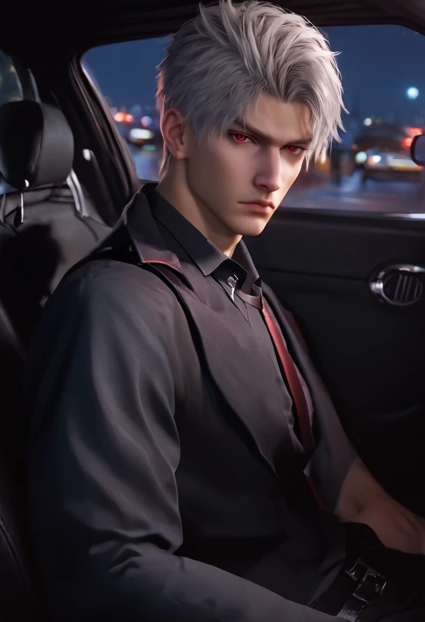 1boy, solo, male focus, toned male, Sylus_(Love_and_Deepspace), Sylus, Qinche, White hair, Red eyes, pale skin, detailed eyes, satisfaction, satisfied, neutral, sad looking,
dark theme, night, intense shadow, intimidating, chest close to viewer, dark light, no light, dark out, shadow, 
(black coat over shoulder:1.1), black collar shirt, black vest, black collar shirt button, wearing a tie, black pants, sweaty hair, long sleeves, modest clothing, looking at viewer, from side view,
sitting inside a car, sit inside a car, riding a car, front view, seductive, romantic, in a car, (lounging:1.1), relax
rating PG, score_9,score_8_up,score_7_up, source_anime, male focus, Muscular, big thigh, big thigh, big chest, hung, manly, tall, detailed eyebrow, sharp eyebrows, focus on thigh, hairy thigh, thigh focus, random view