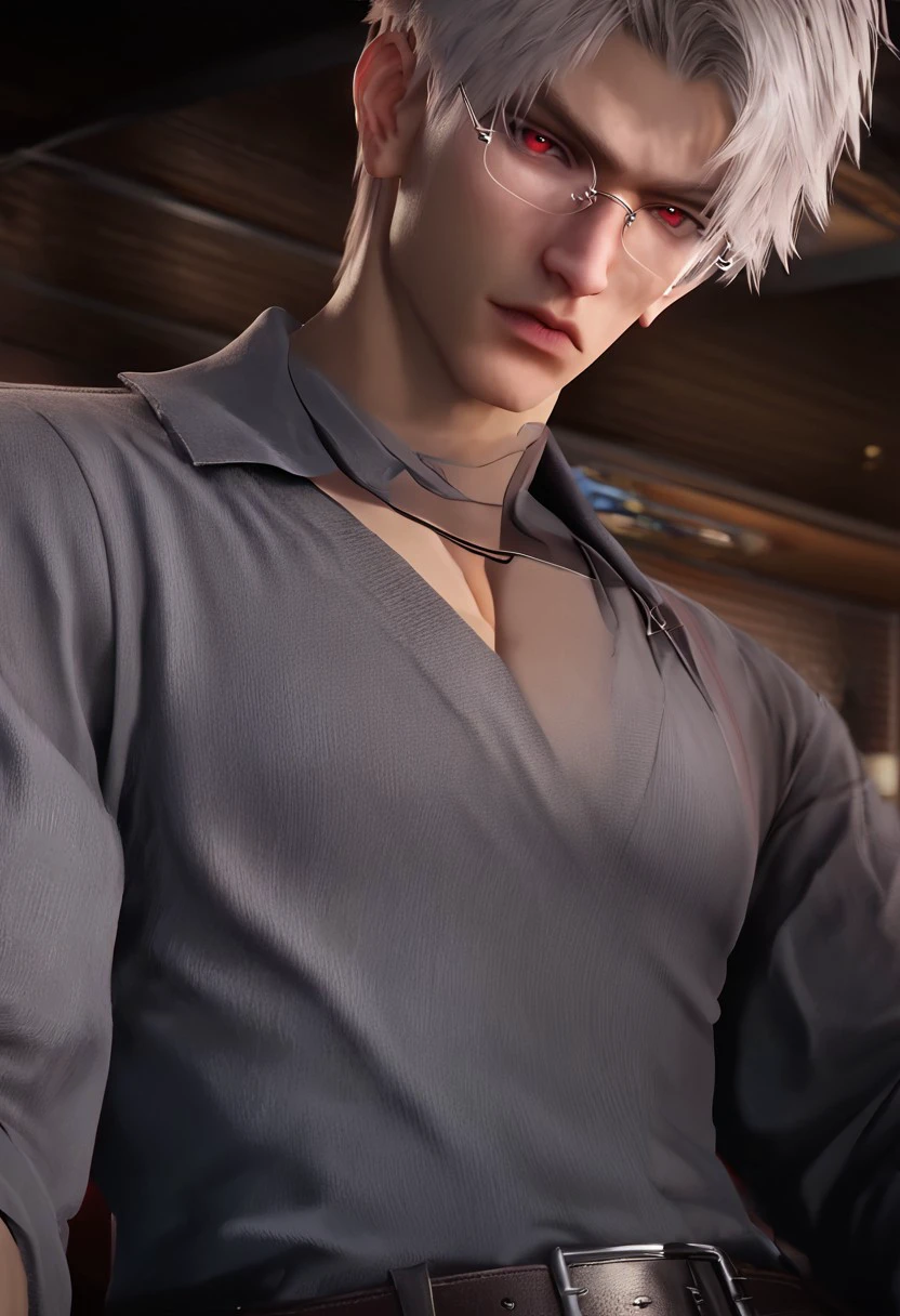 1boy, solo, male focus, toned male, Sylus_(Love_and_Deepspace), Sylus, Qinche, White hair, Red eyes, pale skin, detailed eyes, satisfaction, satisfied, neutral, 
glasses, casual grey tshirt, long sleeves, grey top, formal pants, belt,
sitting in a sofa, leg spread, view from bottom, intense shadow, intimidating, chest close to viewer, dark light, no light, shadow, 
looking at viewer, serious,
rating PG, score_9,score_8_up,score_7_up, source_anime, 
male focus, Muscular,
big thigh, big thigh, big chest, hung, manly, tall, detailed eyebrow, sharp eyebrows, focus on thigh, hairy thigh, thigh focus, random view