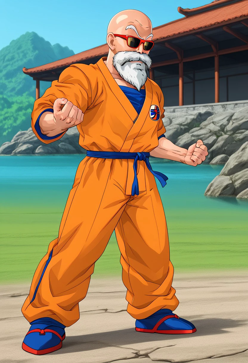 Masterpiece, best quality, high quality, highres, 4k, detailed face, 1boy, roshixl, white beard, bald, sunglasses, Turtle School Gi, Martial Arts Uniform, Orange Outfit, blue undershirt, solo, fgo sprite, full body, standing, from side,