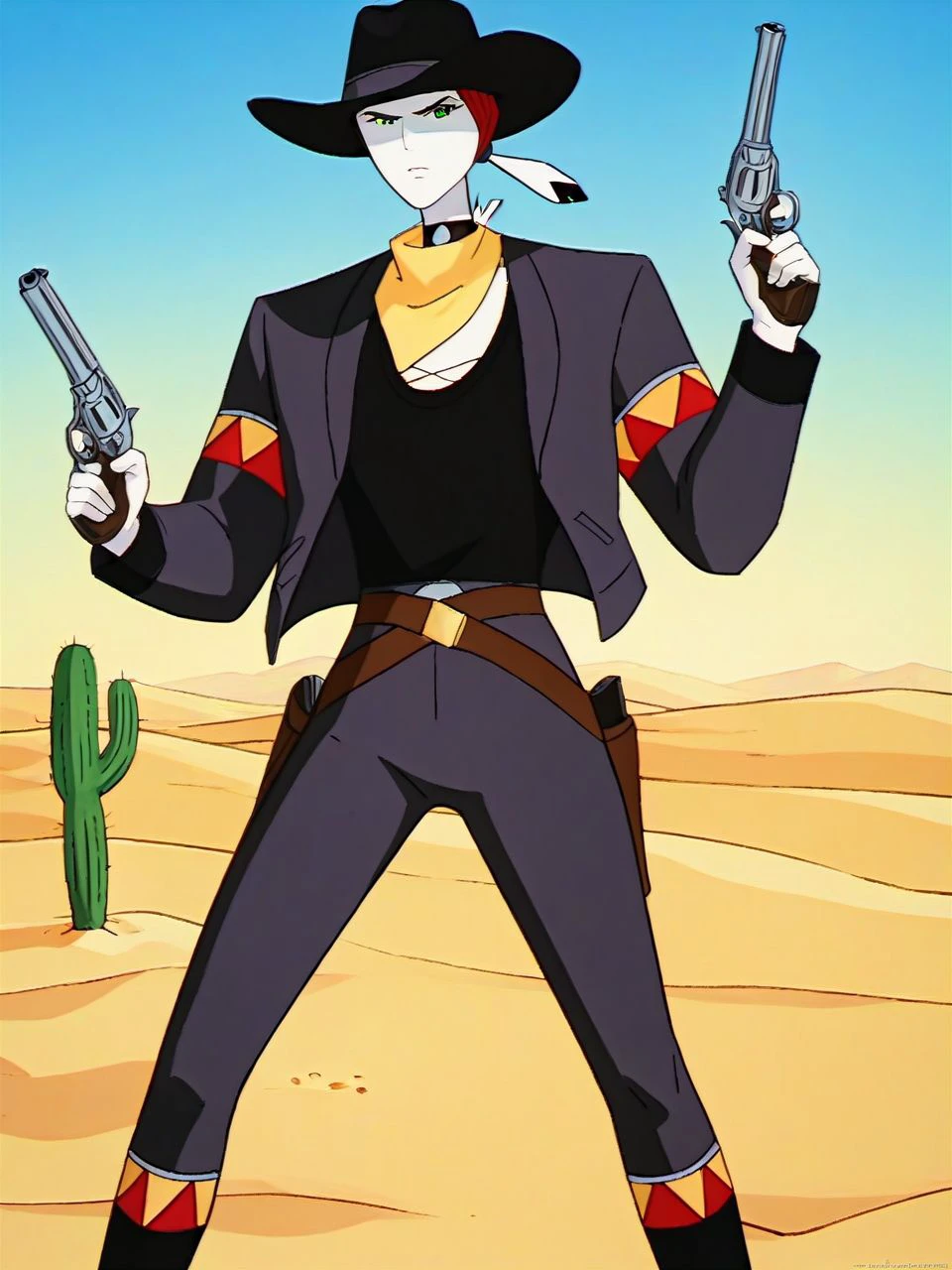 score_9, score_8_up, score_7_up, <lora:cJaneTV_PDXL:0.95> cjanetv, female with colored skin, white skin, red hair, green eyes, stern expression, cowboy hat, feather hair ornament, cowboy hat, choker, neckerchief, black boots, black jacket, cowboy western, outdoors, desert, cactus, sparse vegetation, blue sky, solo, holding weapon, gun, revolver, wide stance, facing viewer, pointing gun at viewer, <lora:firearm_enhancement:1> holding ranged weapon, upper body