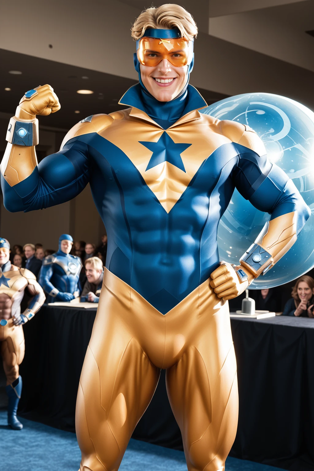 score_9, score_8_up, score_7_up, masterpiece, high quality, BREAK realistic
 <lora:Booster GoldPonyLoRA:1>bstrgld, short hair, mask, goggles, high collar, , high star (symbol), bracer, gloves, boots, orb, ray of light, smile, holy light, flexing, at a comic convention