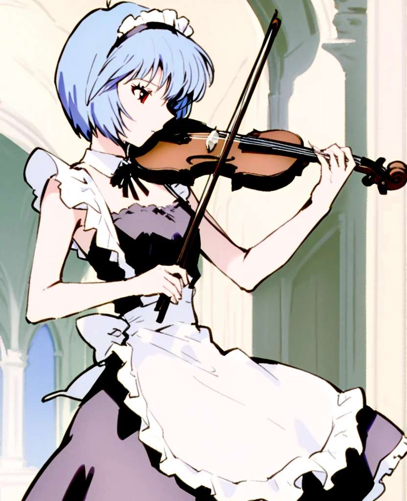 solo,<lora:xtq:0.7>,violin,instrument,playing instrument,holding,bow \(music\),holding instrument,<lora:Vincent_Sketch_Manga:1>,daiton,<lora:lbl:1>,ayanami rei,detached collar,maid,maid headdress,apron,garter straps,maid apron,frills,corset,palace,palace,brilliant and magnificent,relief,gold jewelry,from_side,, masterpiece,best quality,very aesthetic,absurdres,8k,<lora:ä¿®æsl:1>,