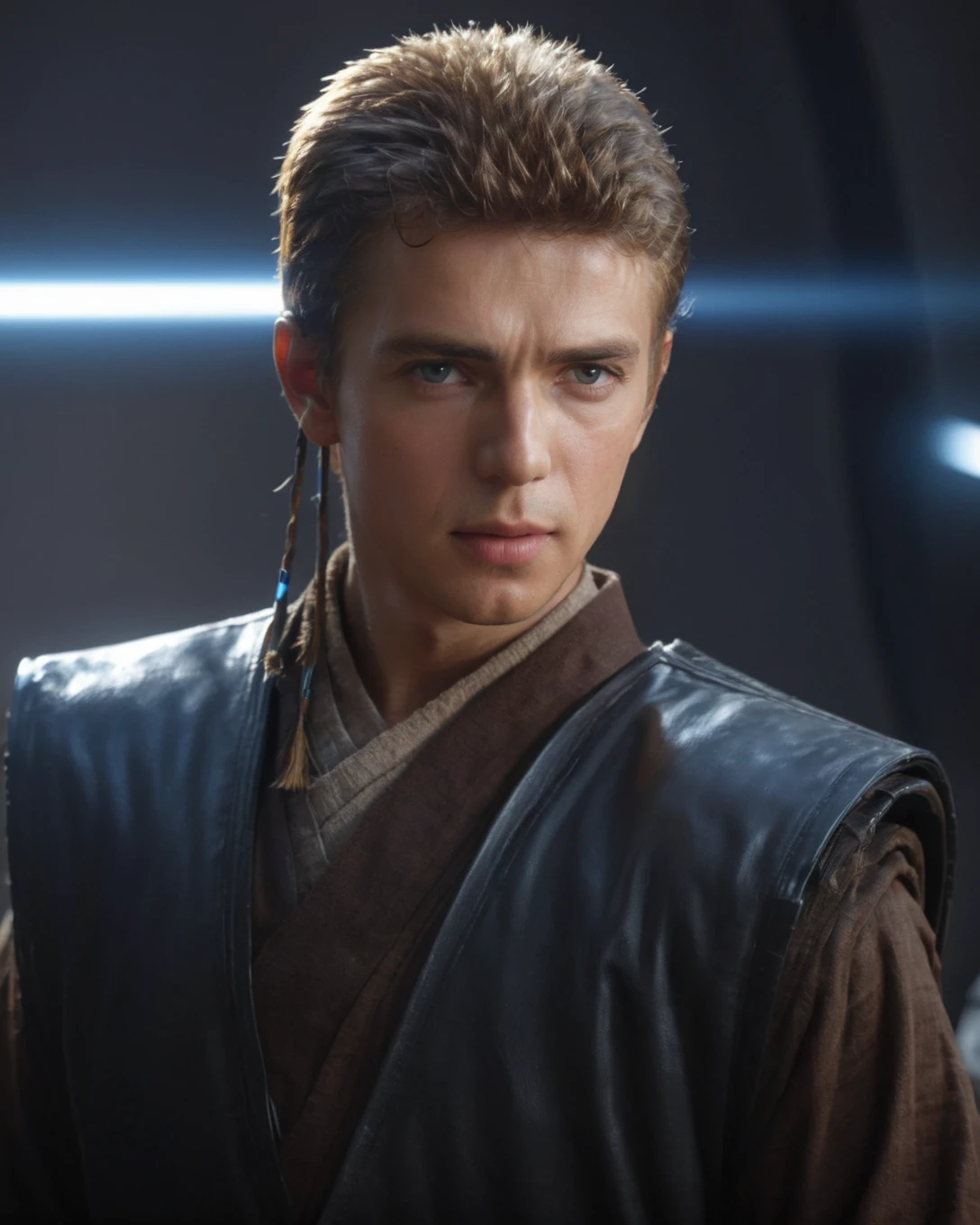 (three-quarter view:1.5) (close-up:1.5) shot of <lora:Anakin_Padawan_Jedi:0.8> Anakin Padawan Jedi is wearing a jedi outfit and holding lightsaber, (((dynamic action pose))), (((engaged in battle with stormtroopers))), 8k uhd, dslr, soft lighting, high quality, background of black sci-fi spaceship corridor, intricate details, masterpiece, trending on artstation, realistic, Cinematic, epic, action packed, incredibly detailed and realistic, magnificent, vignette, high budget, bokeh, moody, sharp, highly detailed, concept art, realistic hands, dynamic pose, dynamic shotfantastic location, majestic cluttered environment, 8k unity render, action shot, skin pores, detailed, detailed face, (vibrant, photorealistic, realistic, dramatic, dark, sharp focus, 8k), (weathered damaged old worn leather outfit:1.5), (intricate:1.5), (highly detailed:1.4), octane render, sharp focus, art by artgerm, (loish:0.23) , wlop ilya kuvshinov, and greg rutkowski and alphonse mucha gracias, (global illumination, studio light, volumetric light),  <lora:Perfect Hands:0.8> Perfect Hands