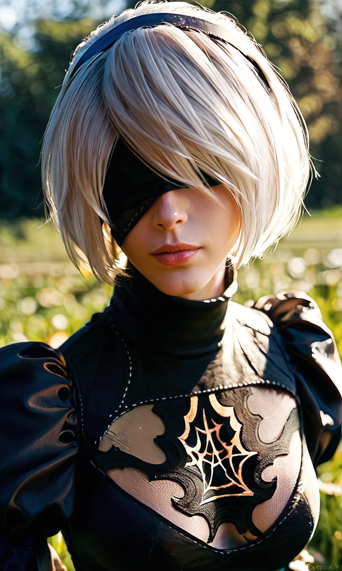 2B Nier Automata,Bobcut, Gray Hair,Long sleeve, Juliet Sleeve, White gloves, turtleneck, bangs, Feather ornament, Feather ornament sleeves, Blindfold, Black Goth Dress,Japanese Ultra HD,super high quality,masterpiece,Digital SLR,Photorealistic,Detailed details,Vivid details,Depicted in detail,A detailed face,Detailed details,Super Detail,Realistic skin texture,Anatomical basis,Perfect Anatomy,Anatomically correct hand,Anatomically correct fingers,Complex 3D rendering,Sexy pose,Rainy Sky,Beautiful scenery,Fantastic rainy sky,Fantasy worldview,Picturesque,Pink Lips,Black butterfly々Fluttering,A ruined world,A devastated battlefield,ruins,