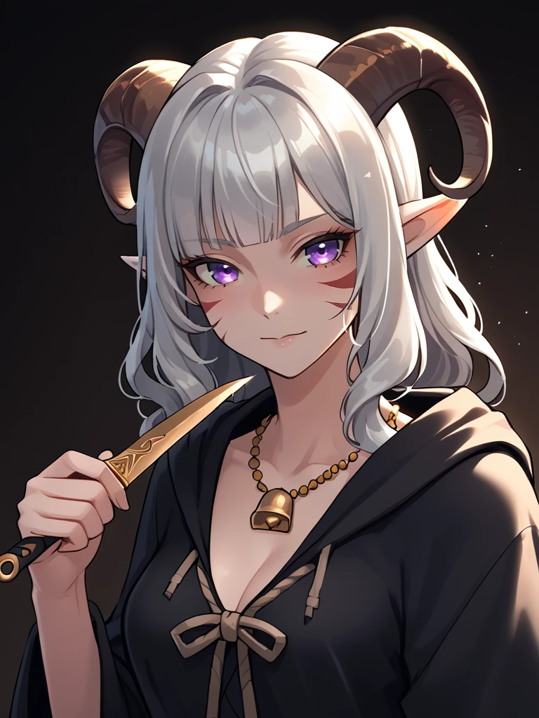 source_furry, score_7_up, rating_safe, gold necklace, tiefing, short pointed ears, brown horns, (a pair of brown sheep Horns that begin at her temples and curve back: 1.5), bangs, long silver hair long wavy hair, pale skin, short pointy ears, purple eyes, <lora:age_slider_v4:0.6>   medium breasts, skinny female, close up, silver hair, <lora:Tieflingnew weird fantasyDND:0.3> Tiefling, pointed ears, horns, <lora:Smooth Style 2 SDXL_LoRA_Pony Diffusion V6 XL:0.5> bell, robe, hood off,  < <lora:whisker_markings:0.8>red whisker_markings, 
 <lora:dagger:0.8> dagger, holding dagger,