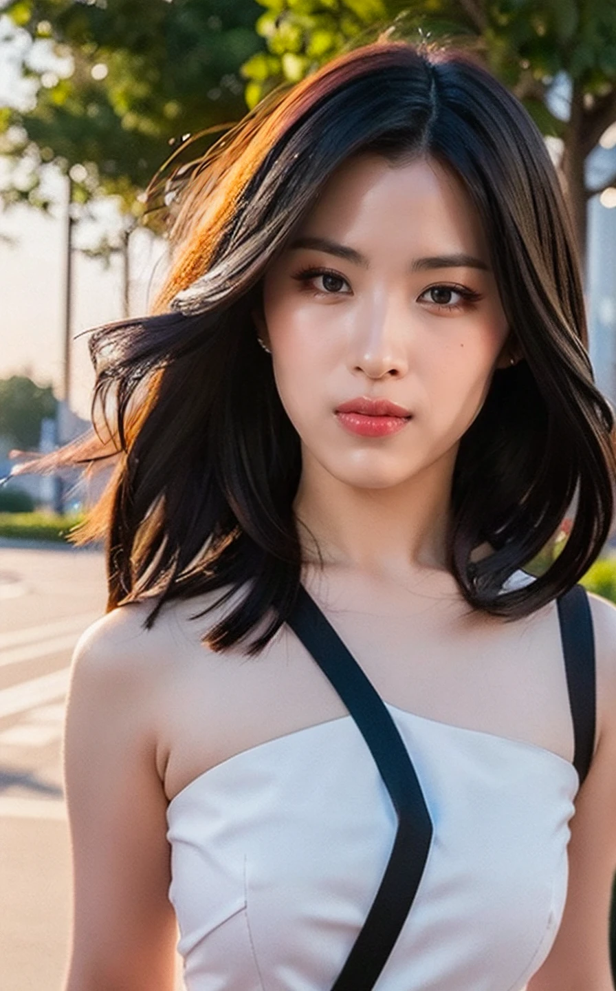 ,, (realistic), (hyperrealism), (photorealistic:1.4), 1girl, looking at the viewer, eye makeup, detailed eyes, detailed face, (upper body:1.2), detailed background, black dress, walking at the streets, sunset, (windy:1.2) <lora:Ryujin_V1:1> RyuJ!N