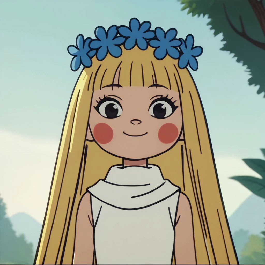 score_9, score_8_up, score_7_up BREAK 1girl, amalka, long blonde hair, blunt bangs, black eyes, rosy cheeks, blue flower crown, white scarf, long white sleeveless dress, screenshot, official art, parody, cartoon footage, official design, screencap, cartoon screenshot, official screenshot, 2d, cartoon, source_cartoon, smiling at viewer,