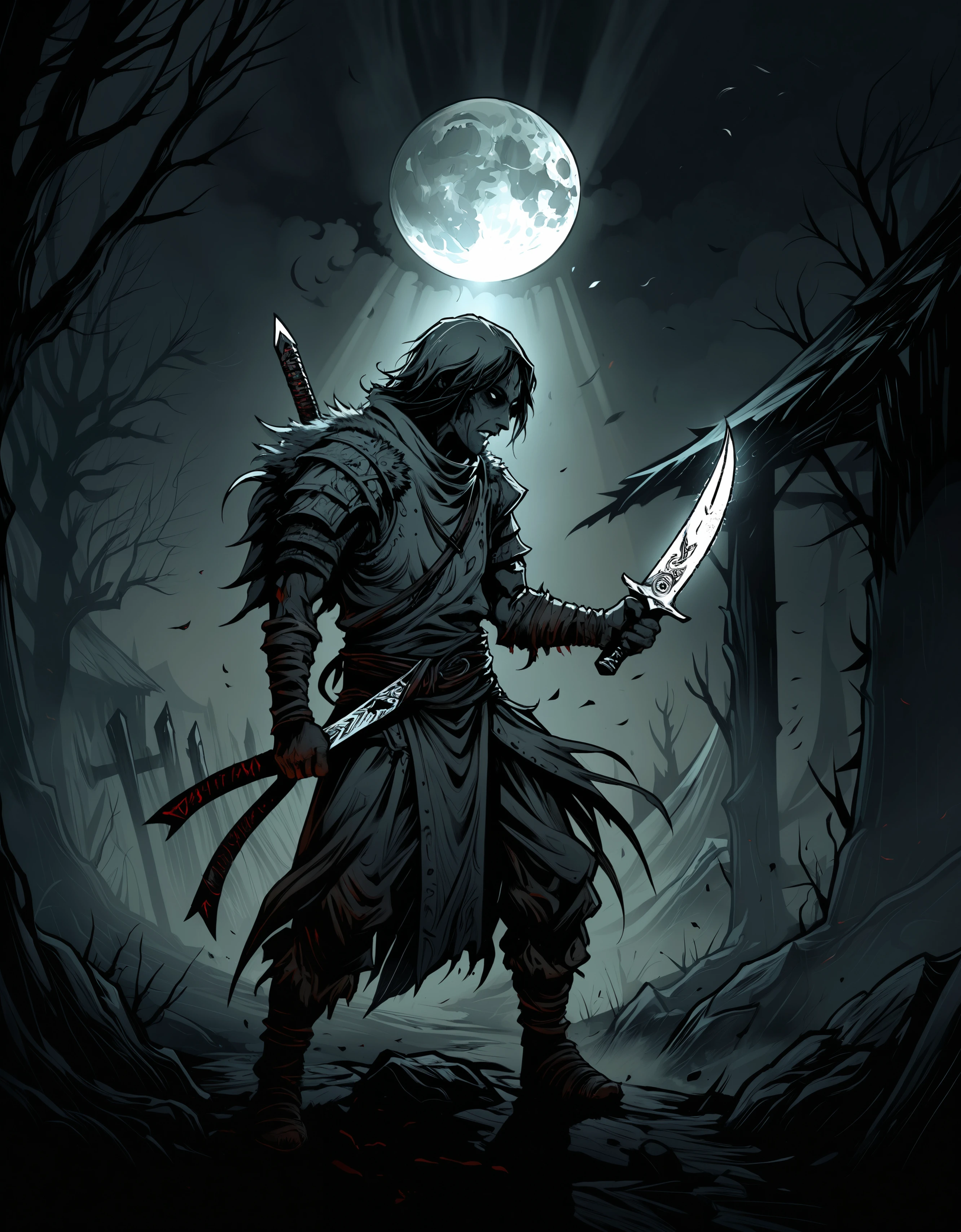 zavy-fltlnpnt, lineart, cel-shaded graphics, Peasant Ritual knife, Smoky Conditions, Wide view, Depressing, Emopunk, Moonlit, F/1.8, hopeless, ambient illumination, magical atmosphere, positive emotional, ambient background, polished, delicate, fine detail, detailed, dynamic, dynamic dramatic beautiful full taking, very, surreal