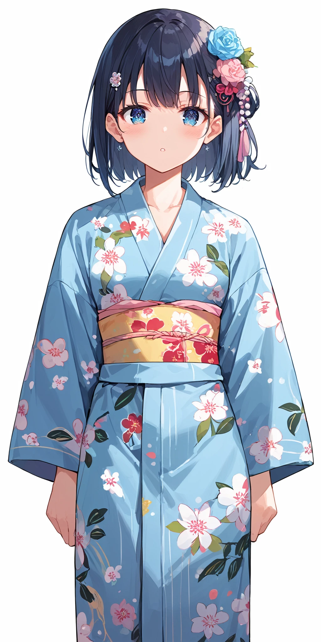 score_9, score_8_up, score_7_up,source_anime, high res image,masterpiece,best quality,woman,cute face,clear skin,shiny hair,ultra detailed eyes,simple background, <lora:yukata_pony_V1.0:0.5> jyojifuku, yukata, japanese clothes, floral print,hair ornament