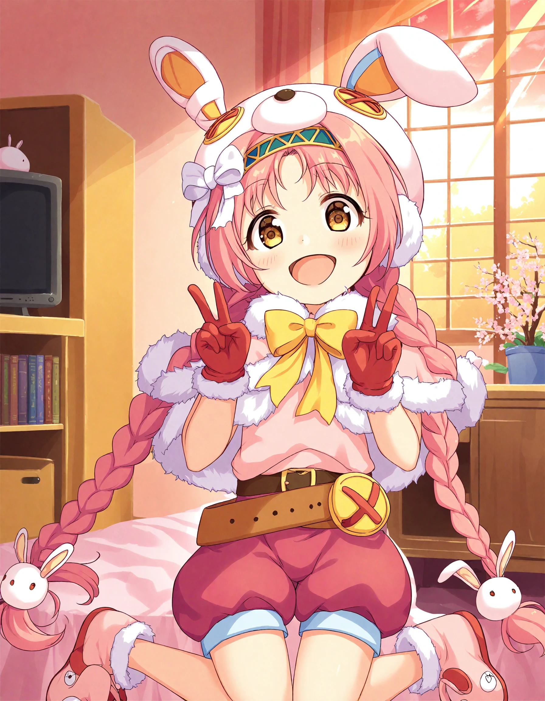 <lora:Mimi Cutiemagine 10i:1> 1girl, solo, mimi \(princess connect!\), long hair, bangs, twintails, twin braids, fur-trimmed capelet, pink footwear, white rabbit hair ornament, pink shirt, green hairband, hair flower, yellow bow, fur-trimmed capelet, bunny hat, red gloves, belt, puffy shorts, shoes, bed, bedroom, window, light rays, dappled sunlight, sunset, dusk, autumn, cherry blossoms, v, double v, happy, smile, open mouth, bookshelf, television, potted plant