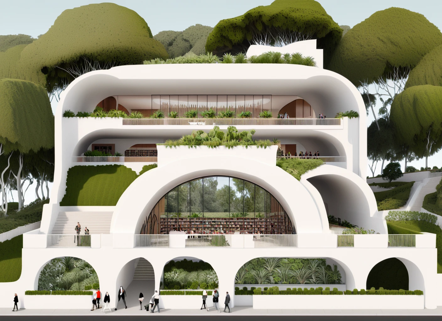 Architectural elevation, library, minimal, lush terraces, trees, people, planters, arched structure, cliff  <lora:Showit_XL-V2:2.0>