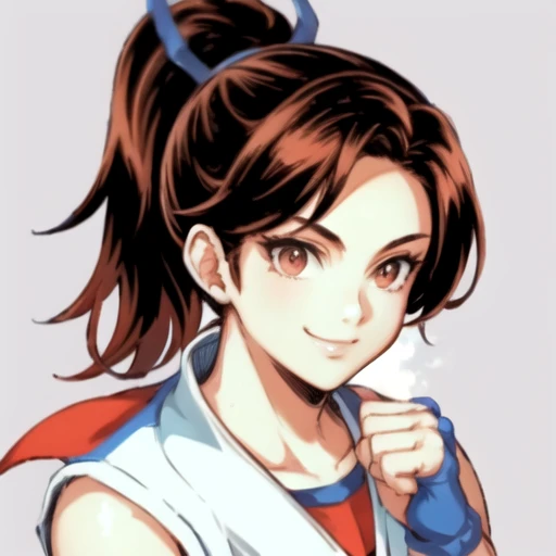 masterpiece, best quality, <lora:LiuYungmie:1>, Liu Yungmie, 1girl, muscular, brown hair, long hair, ponytail, blue gloves, blue headband, brown eyes, blue footwear, white shorts, white sleeveless gi, solo, upper body, portrait, looking at viewer, smile,
BREAK
dojo, intricate, 4k, highres, (REMARKABLE), 