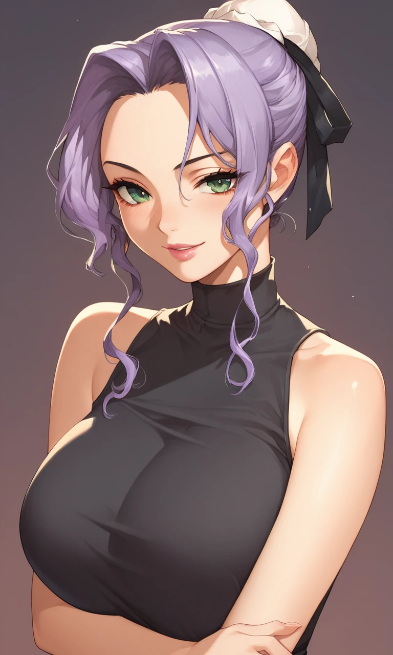 Score_9, score_8up, score_7up, 1girl, 1girl, Kaoruko, Light Purple Hair, green eyes, Parted Bangs, Hair Bun, Hair Bun Cover, Black Hair Ribbon, Pink Lips, large breasts,, seductive smile, sleeveless black top,