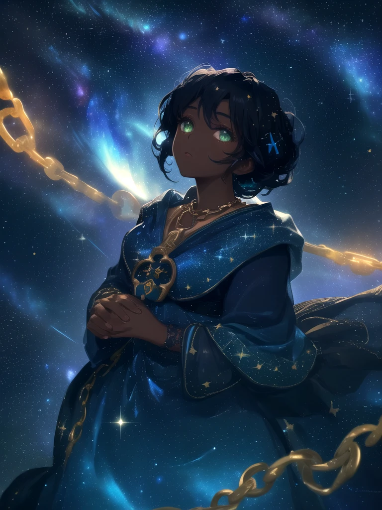 gorgeous lady with dark skin wearing a shiny blue dress, night sky with stars, soft glow, realistic dark lighting, looking up, black hair, green eyes, golden chains, (shiny gold:0.3), cosmic background reflecting on her skin, dreamy, (lens effect, lens glare:0.4)