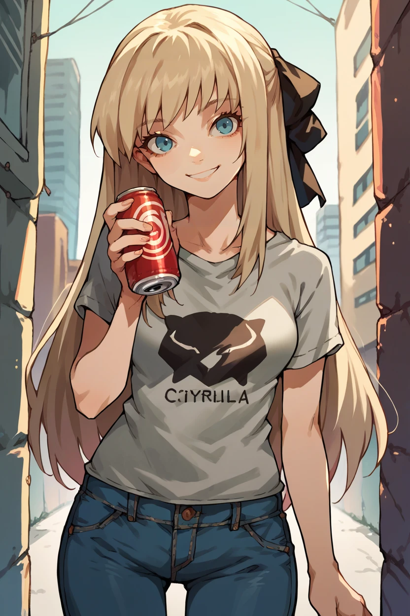 score_9, score_8_up, score_7_up, score_6_up, source_anime, 1girl, solo, <lora:cyrille-pdxl-nvwls-v1-000006:1> cyrille, blonde hair, long hair, hair ribbon, grey t-shirt, jeans, holding soda can, looking at you, city, smile