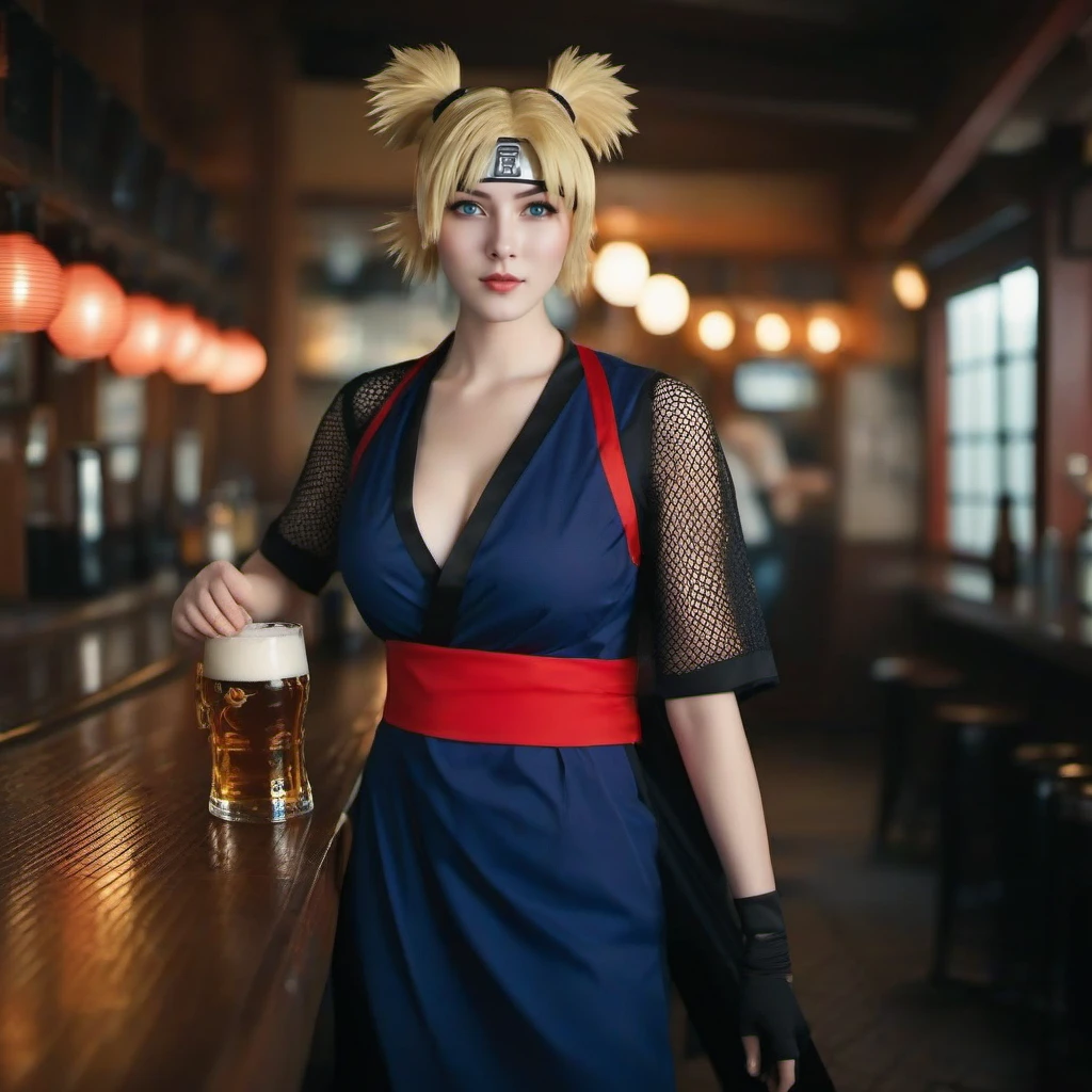 cinematic photo a full body portrait of 1girl, quad tails, blonde hair, fingerless gloves,  forehead protector, blue eyes, hand fan, fishnet, japanese clothes, toeless footwear, large breast, having a beer in a pub <lora:Temari1024:0.8> . 35mm photograph, film, bokeh, professional, 4k, highly detailed