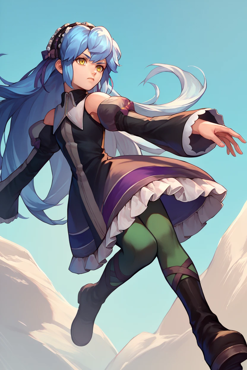 score_9, score_8_up, score_7_up, score_6_up, source_anime, 1girl, solo,  <lora:xfkatrina-pdxl-nvwls-v1-000005:1> xfKatrina, blue hair, yellow eyes, long hair, hairband, black dress, detached sleeves, green pantyhose, boots, jumping, dynamic pose, midair, blue sky, serious