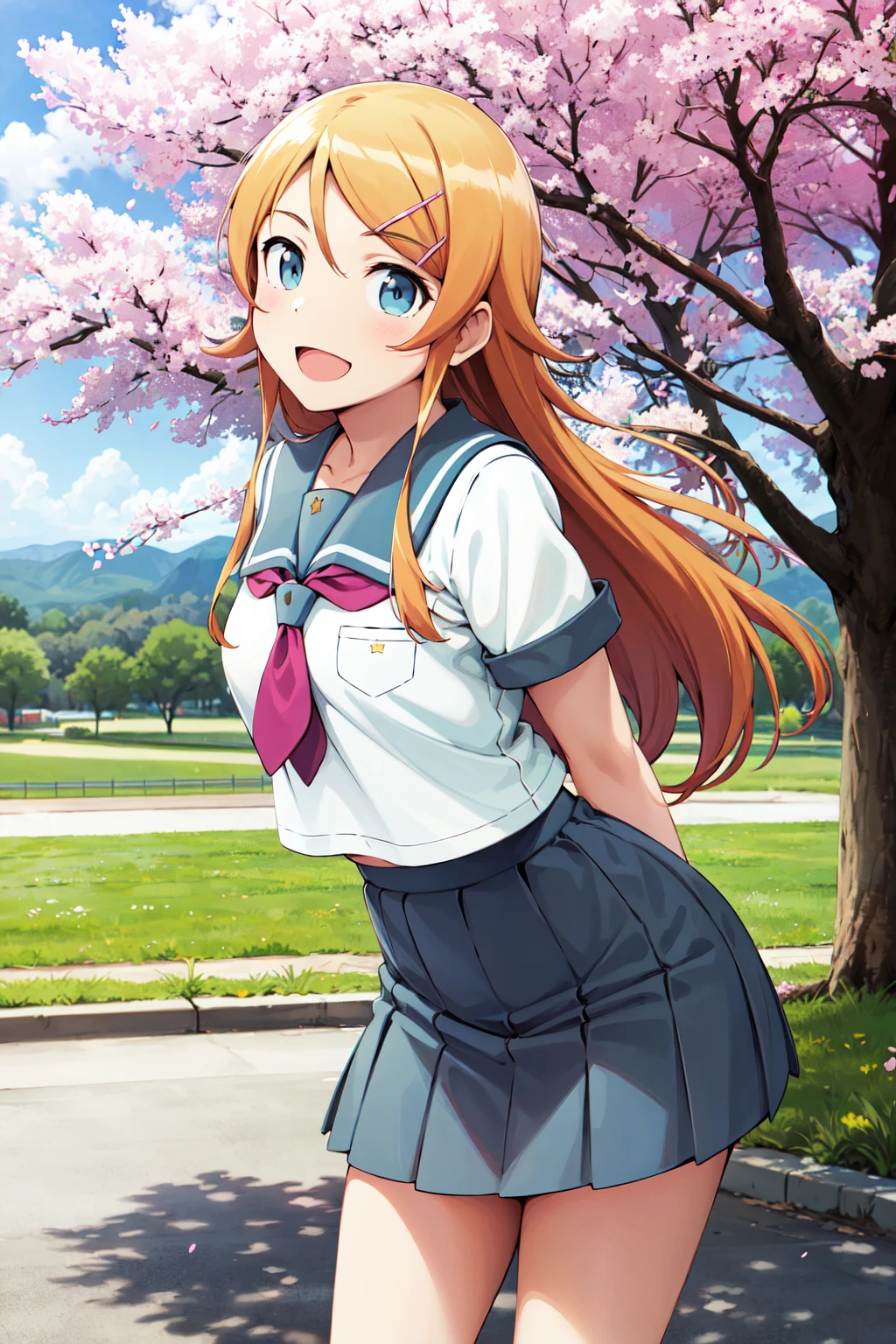 masterpiece, best quality, highres, aakirino, long hair, hairclip, school uniform, grey sailor collar, purple neckerchief, white shirt, short sleeves, pleated skirt, grey skirt, <lora:kousaka_kirino_v1:0.7>, arms behind back, leaning forward, standing, cowboy shot, smile, open mouth, outdoors, cherry blossoms,