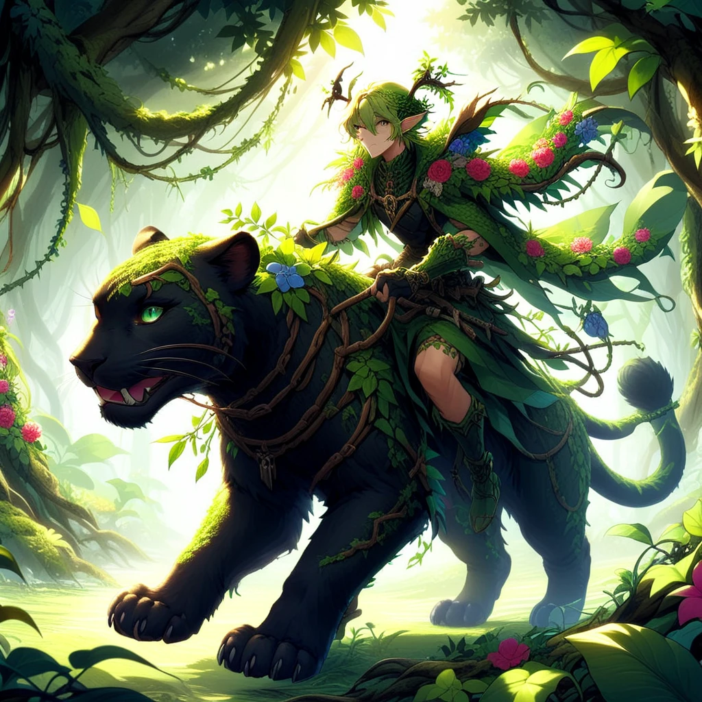 Woodelf, 1man riding a panther through the jungle, flowers and vines, strong sunlight and shadows