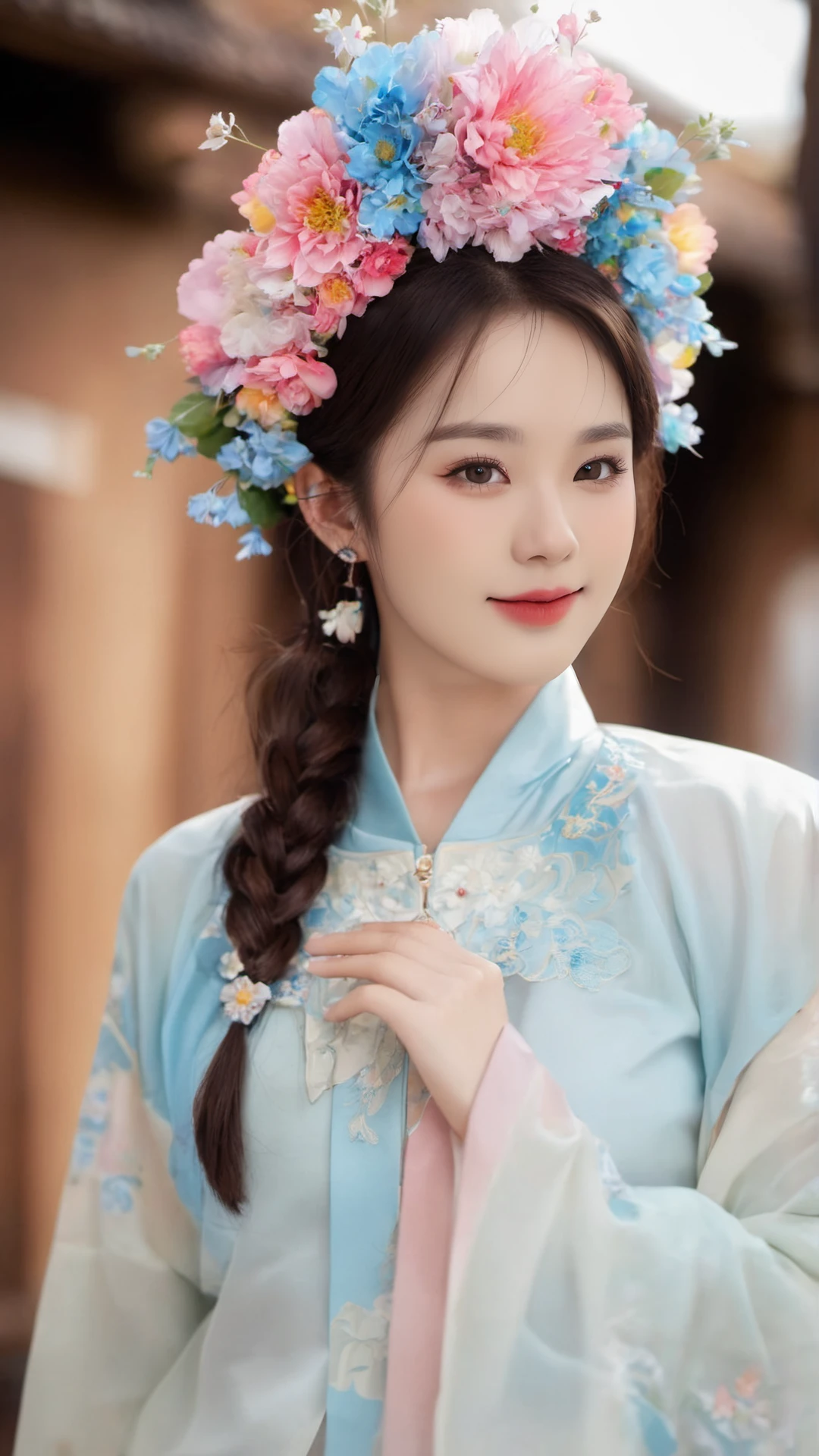 (((Best quality, masterpiece, ultra high res, ultra-detailed, ultra realistic, depth of field, film grain, bokeh))), (portrait shot ), (((beautiful background))), 1girl, (((flowers headband))), actress, music idol, (((smile))), happy, (standing ), (((cute pose))), (((seductive outfit))), (((wear hanfu))), ((light brown  hair)), graceful neck and shoulders, (((gigantic  breasts))):1.5, perfect body, big butt, wide hip, thigh highs, beauty legs, dreamy blue eyes, (glossy lips):1.5, (close lips):1.5, detailed skin texture, (((looking at viewer))), hair ornament, necklace, earrings, rings, mystery, majestic, scenery, exquisite, stunning, delicate, elegant, glowing, graceful, charming, alluring, seductive, erotic, enchanting, mesmerizing, femininity, ethereal, shiny, (((rimlight, perfect shadows, gorgeous light and shadow, stunning environment, subsurface scattering, sharp focus, extravagant and vivid composition, meticulously staged framing, focus on intricate details, vibrant and surreal colors))), <lora:FlowersHeadband:0.8>