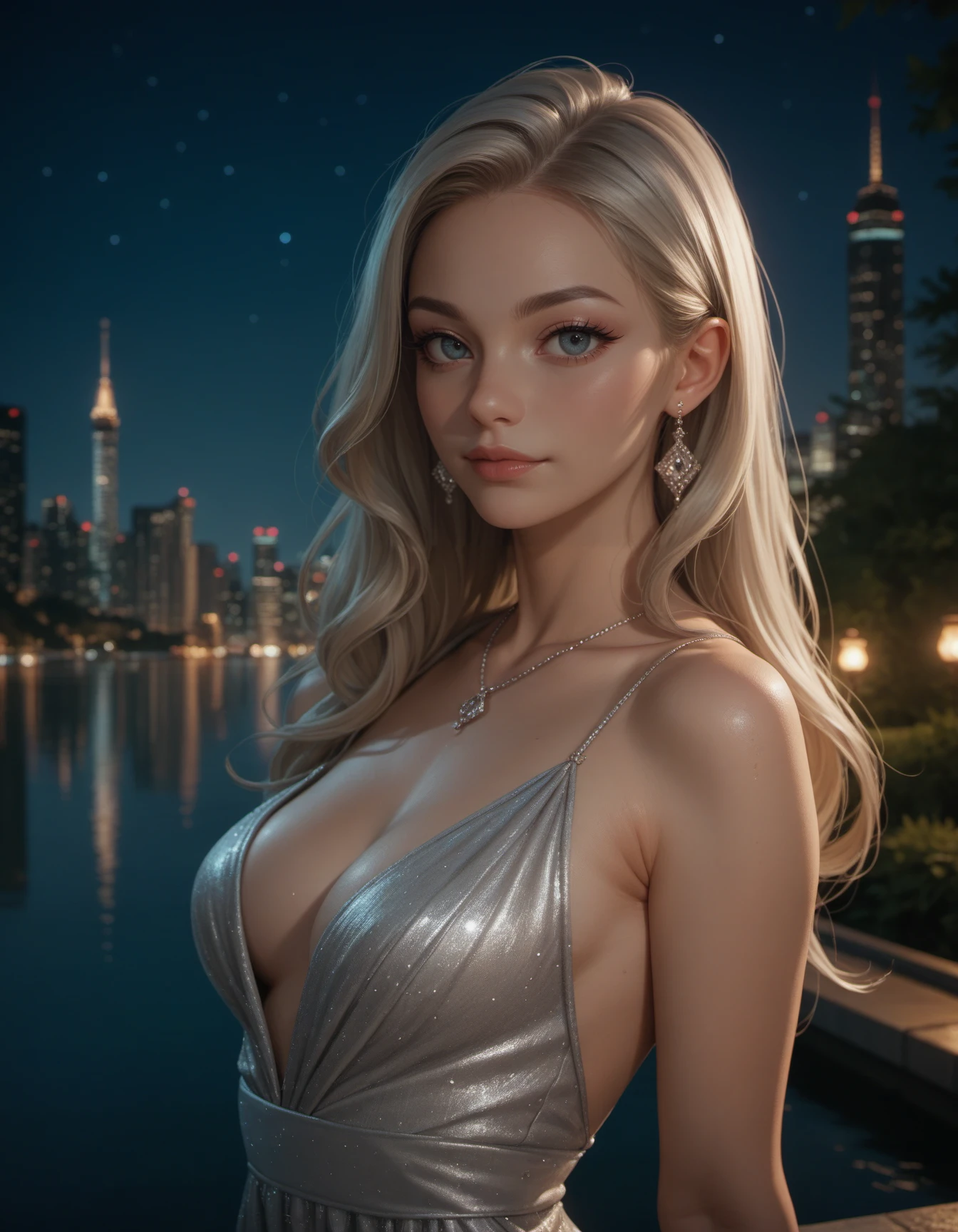 score_9, score_8_up, score_7_up,score_6_up, score_5_up,luxurious, 1girl, looking at the viewer, blond long hair, cute, makeup, long silver dress,upper body, city view,  night, river side,