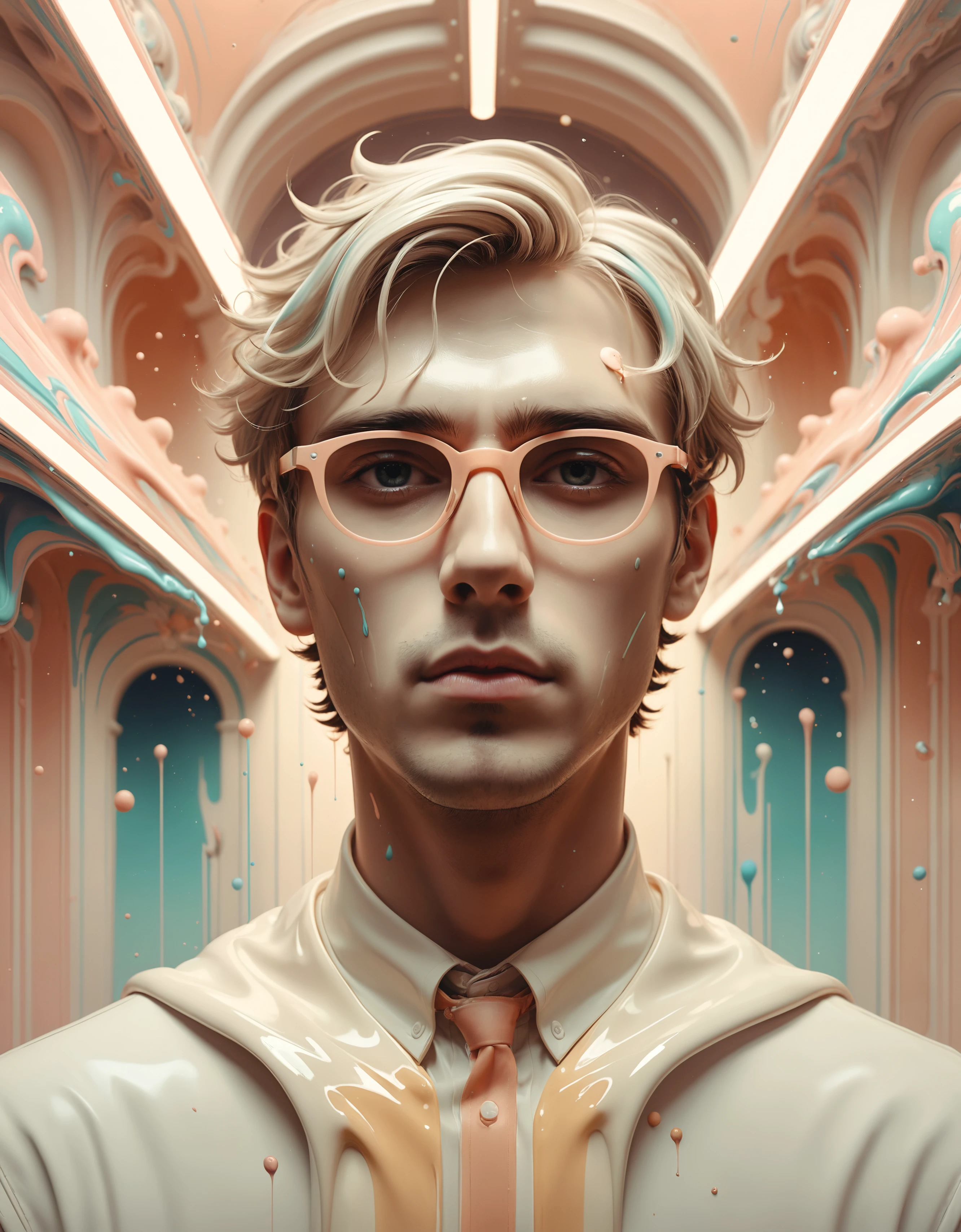 zavy-lqdprtrt, liquid paint, Nerdy Male, Pastel Colors, Beige details, imposing, ambient atmosphere, beautiful composition, sublime, highly detail, perfect symmetry, excellent composition, cinematic, sharp focus, grand illumination, original, cinematic atmosphere