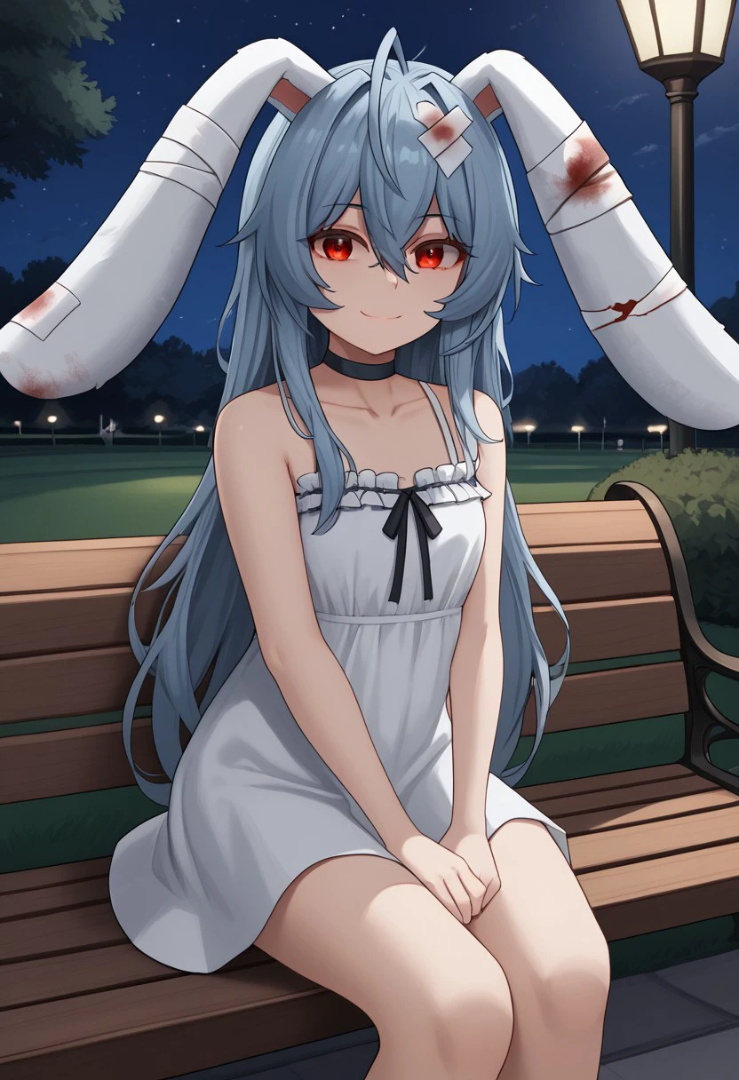 1girl, solo, Parasi, red eyes, blue hair, long hair, ahoge, animal ears, rabbit ears, hair between eyes, bangs, blood, sidelocks, bandages, black choker, white dress, black ribbon, sundress, park, park bench, sitting, lamppost, night sky, looking at viewer, smile, closed mouth