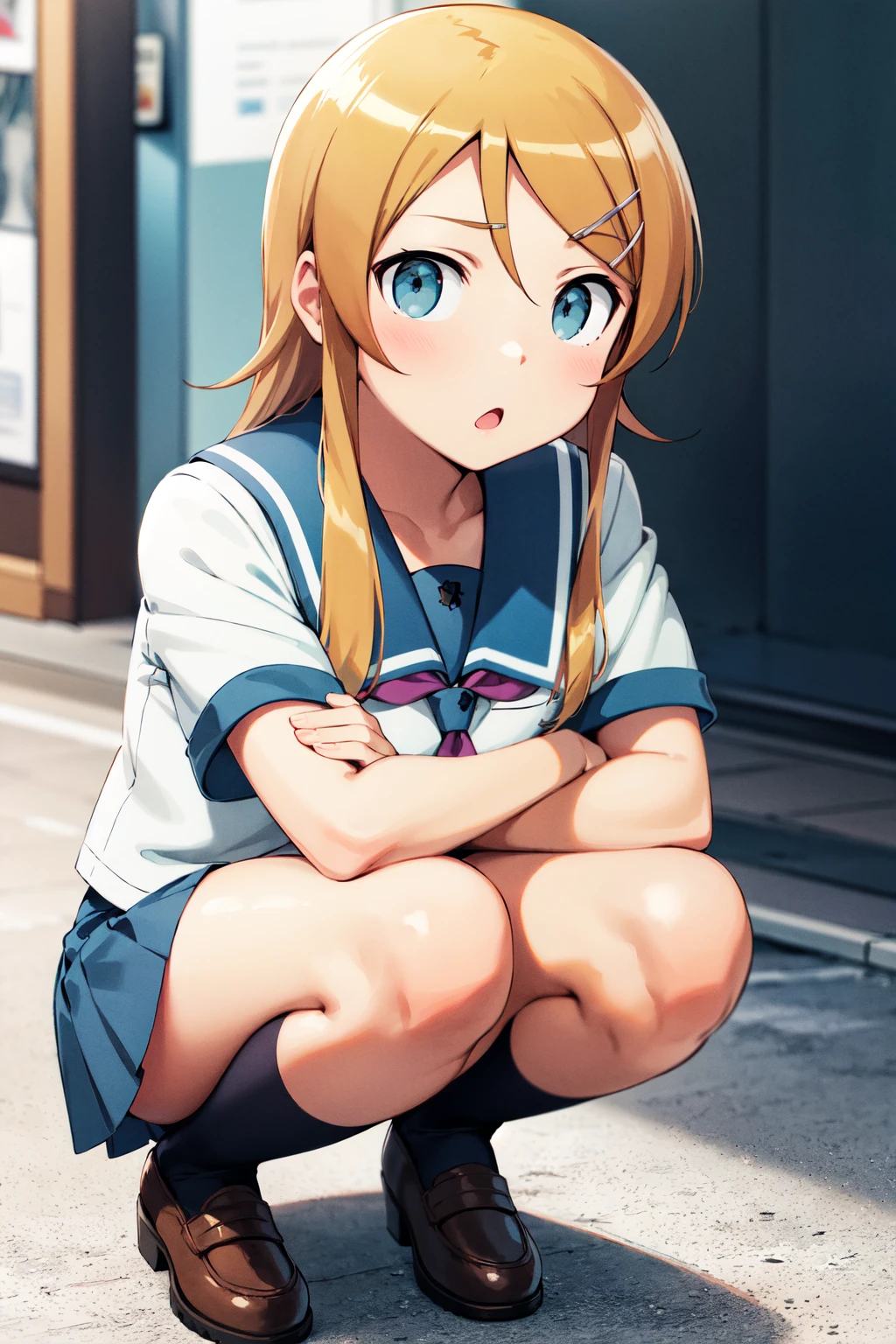 masterpiece, best quality, highres, aakirino, long hair, hairclip, school uniform, grey sailor collar, purple neckerchief, white shirt, short sleeves, pleated skirt, grey skirt, <lora:kousaka_kirino_v1:0.7>,  street, squatting, :o,