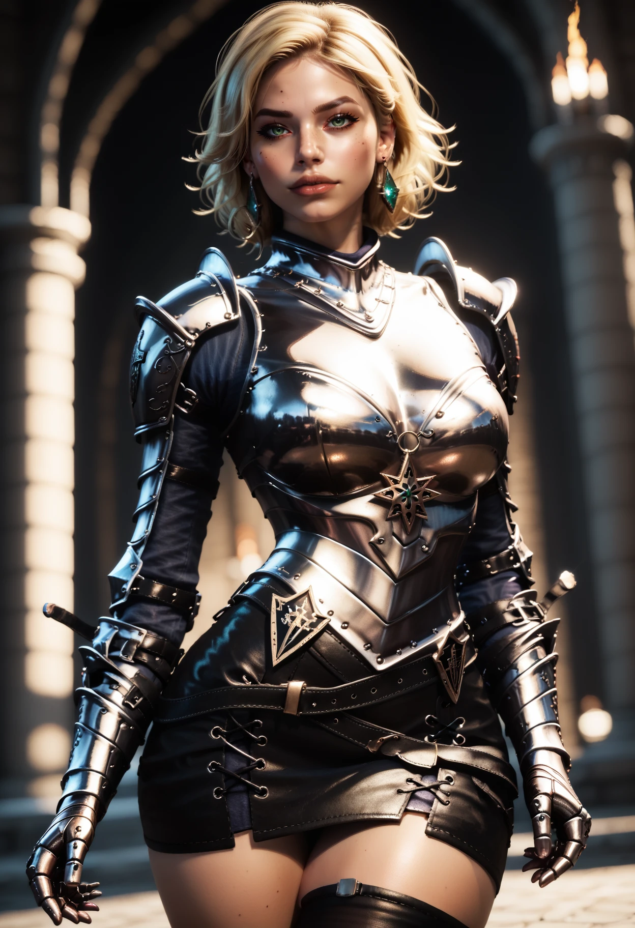 score_9, score_8_up, score_7_up, zPDXL2, zPDXLrl,
1girl, solo, d4rk4mb3r, blonde hair, green eyes,
((d4rkkn1ght, armor, skirt, gauntlets, single thighhigh, earrings)),
(blurry background, castle, depth of field), ((naughty expression, dynamic pose, dutch angle)),
erotic, elegant, sensual, seductive, bright colors, high contrast, dark background, vivid lighting,
 <lora:Dark_DarkKnight_Pony_v1.0:0.75>, <lora:Dark_Amber_Pony_v2:0.5>