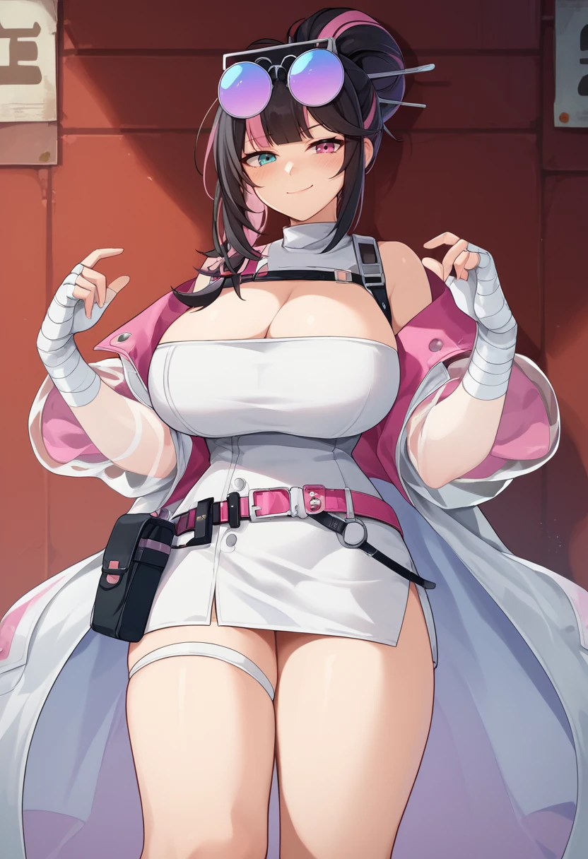 score_9, score_8_up, score_7_up, source_anime
1girl,huge breasts,smirk
 white jacket, white thigh strap, white dress, bandages,  see-through,  pink belt,  white gloves, mask, blush, pouch, open jacket, open clothes, short dress, bag, , bandaged arm, off shoulder,fingerless gloves, closed mouth, long sleeves,cleavage, see-through sleeves, 
  <lora:vee_(neural_cloud) PonyXL 2:1>  veegilfl, black hair, multicolored hair, eyewear on head, sunglasses, pink hair, streaked hair, heterochromia, two-tone hair,hair bun,braided sidelock,