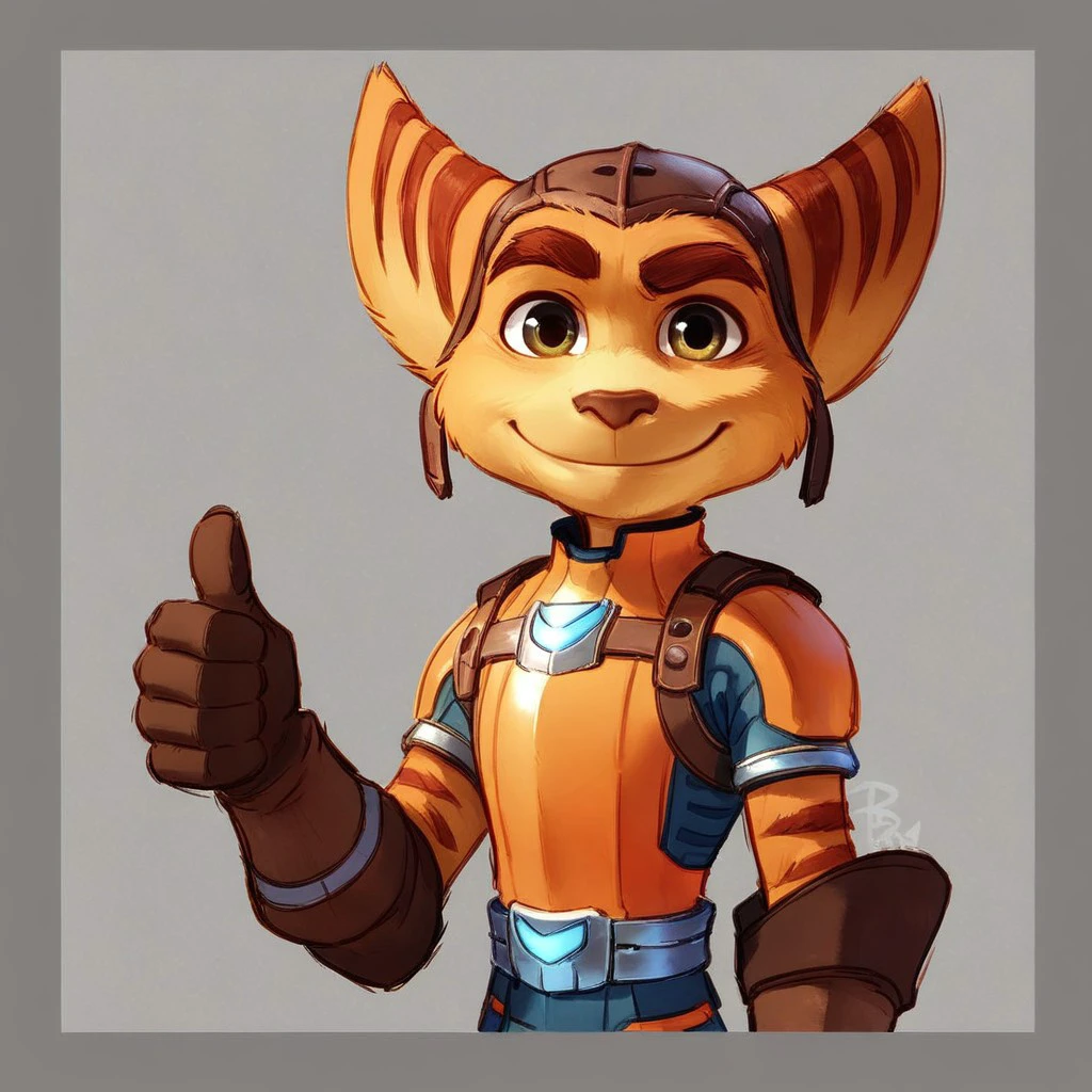 score_7_up, score_8_up, sketch, upper body, solo male, RCratchet, armor, cap, lombax, orange fur, brown stripes, looking at viewer, thumbs up, smile, simple background, grey border,