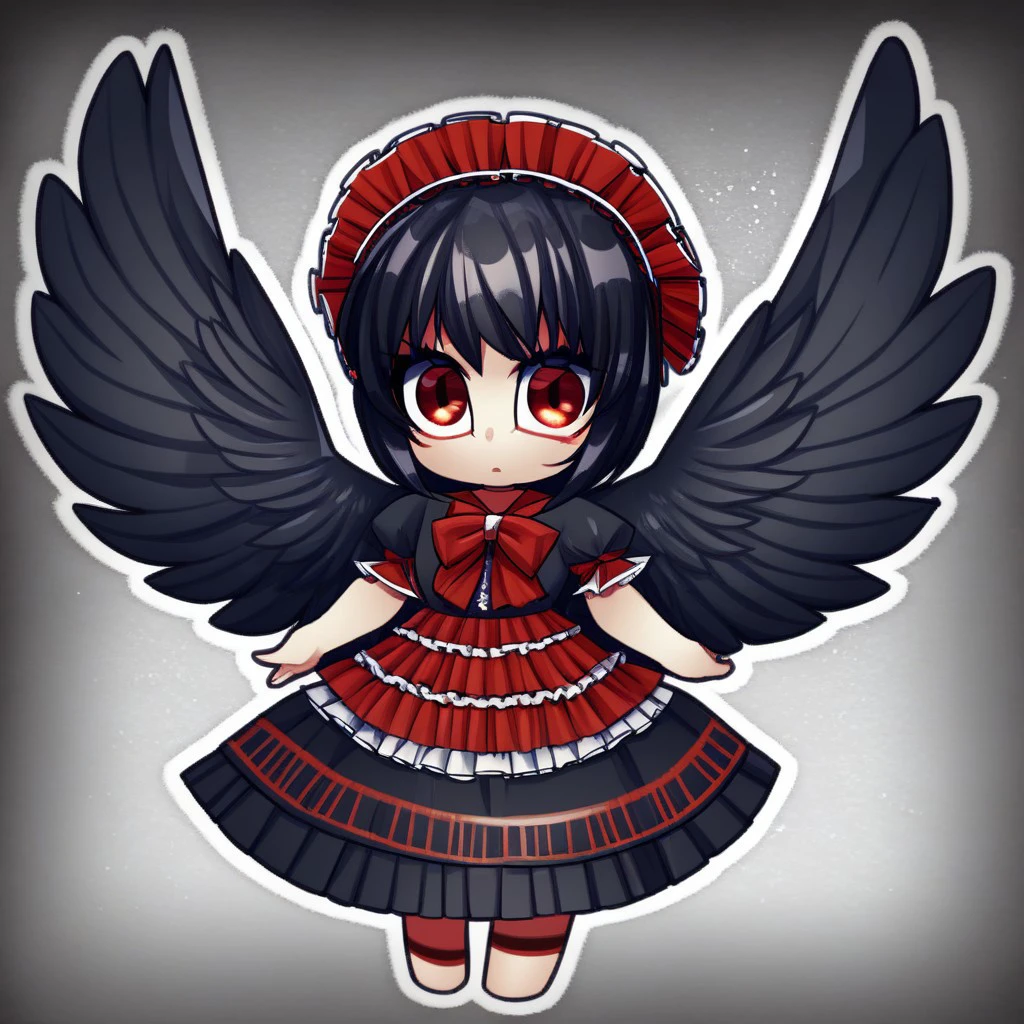 1girl, black hair, red eyes, black feathered wings, frilled dress, puffy short sleeves