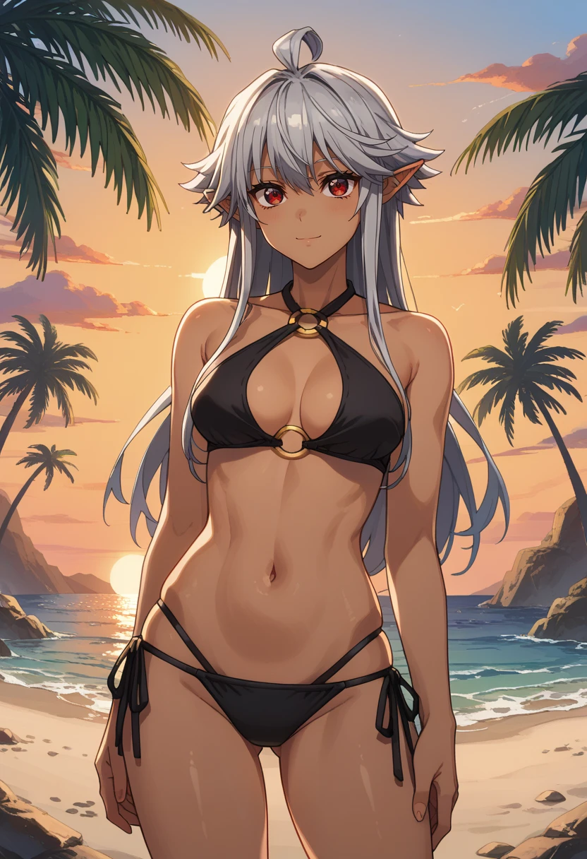 (((Masterpiece, ultra-high definition, ultra-high quality 8K quality))), Anime, a beautiful girl, Anatomically correct body structure, small and cute face, slender and well-proportioned body, (((silver short hair, lightly wavy hair))), (((clear and beautiful red eyes, eyes with highlights, very long eyelashes))), cute smile, (((very large breasts, slim waist, sexy butt))), (((orange colored micro bikini and thong))), big and cute earrings, stylish necklace, bangle, ring, summer beach background