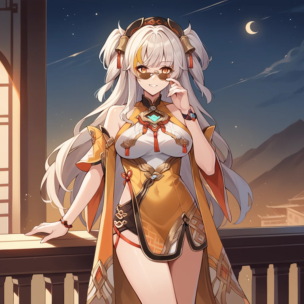 score_9_up, score_8_up, score_7_up, score_6up, source_anime, 1girl, solo, Songque, Que_Golden, starry sky, moon light, standing on balcony, spread arm rest, evil smile, parted lips, adjusting eyewear, looking over eyewear, sunglasses, long hair, orange eyes, white hair, blonde hair, china dress, yellow dress, jewelry, glowing, two side up, tassel, bell, streaked hair, detached sleeves, bare shoulders, hair ornament, dynamic cowboy shot, indoors, Chinese bedroom background,