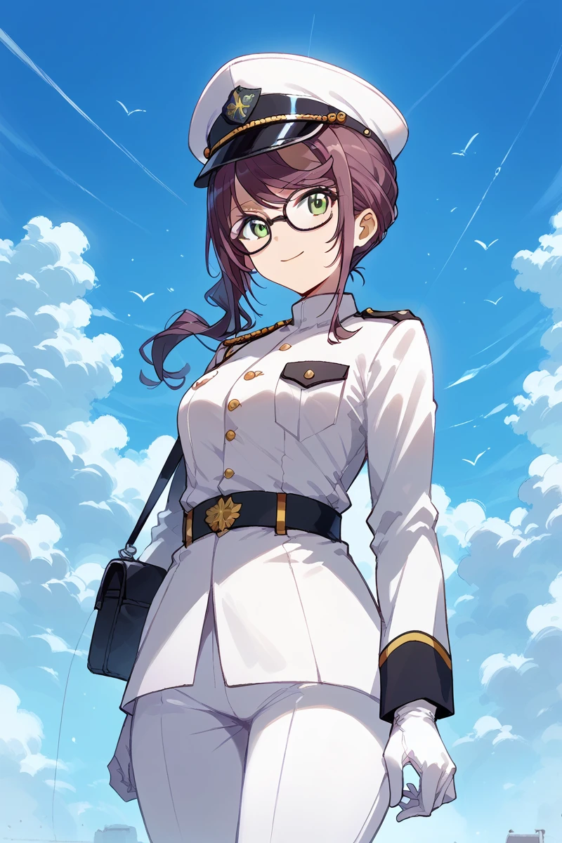 score_9, score_8_up, score_7_up, score_6_up, 1girl,
 <lora:Junna_Hoshimi:1> junna, glasses, green eyes, long hair, side ponytail, solo, glasses, hat, white pants, uniform, white gloves, military uniform, white headwear, military,