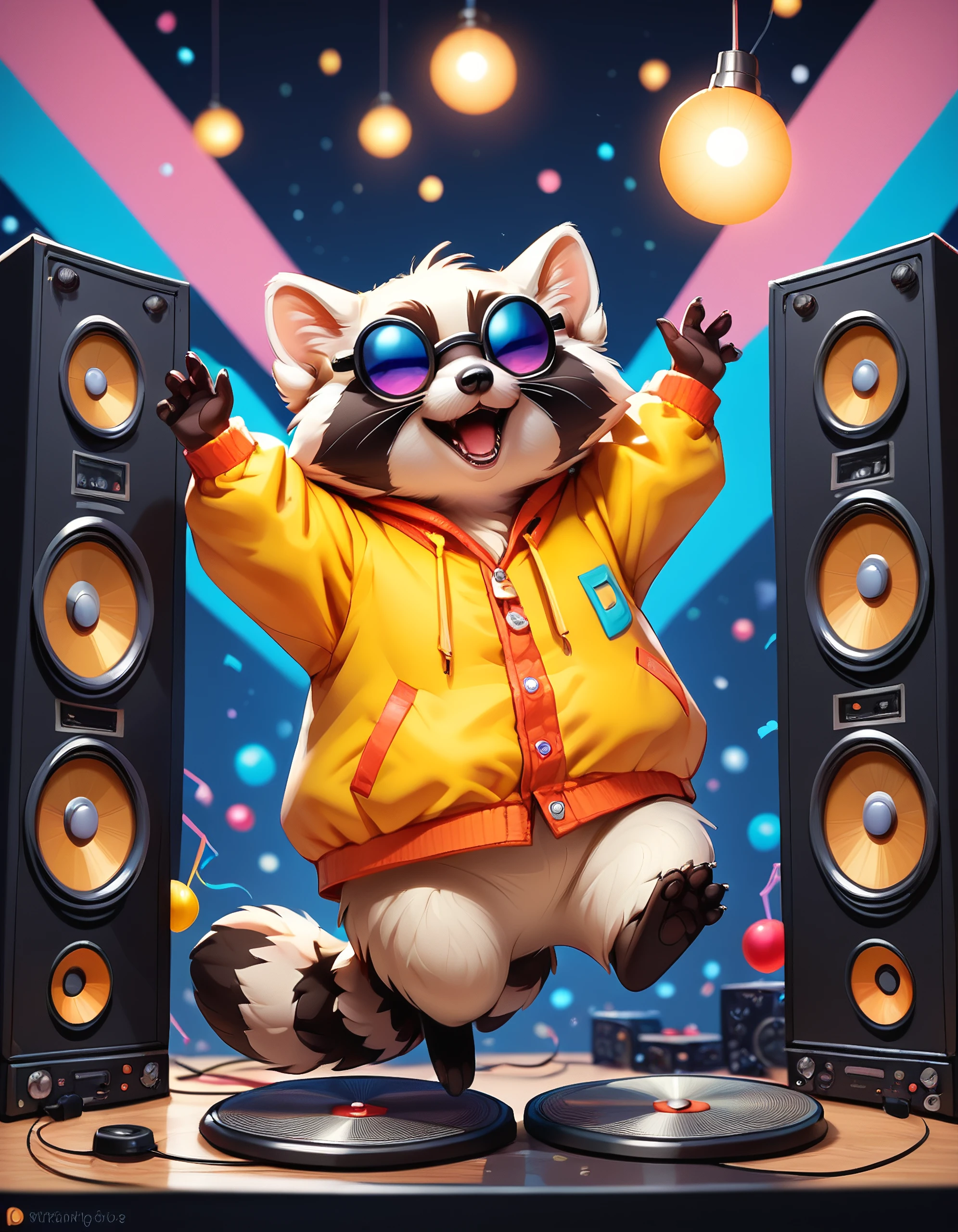 score_9, score_8_up, score_7_up, score_6_up, score_5_up, score_4_up, a cute black and white raccoon being a DJ at a party, working the turntables, speakers on background, hands in the air