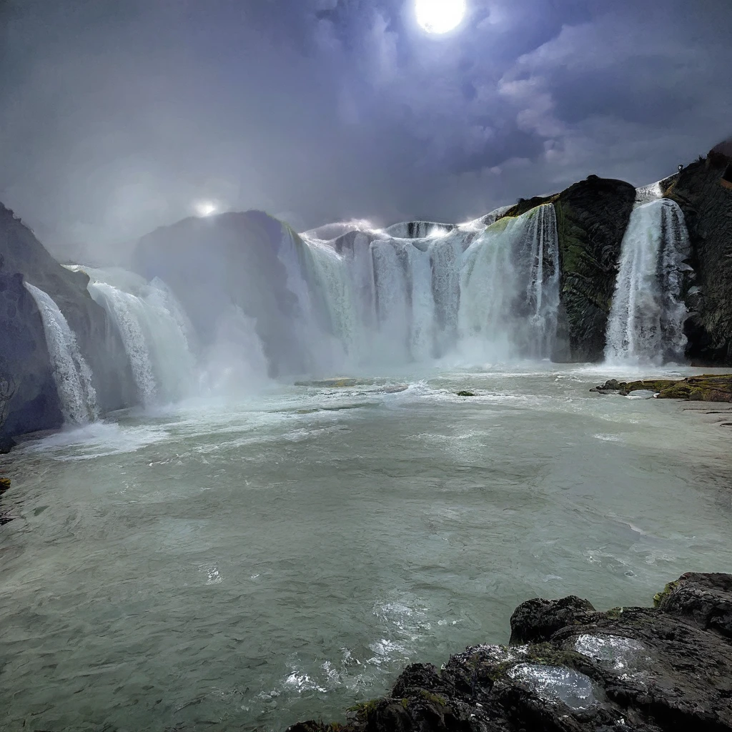 godafoss, waterfall, beautiful, moonlight, night, rainbow, wide angle <lora:Godafoss-000007:0.8>