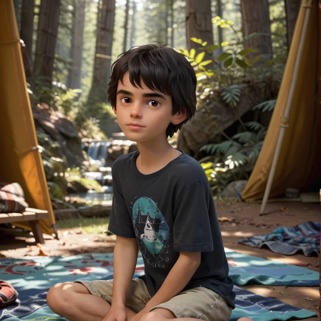 score_9, score_8_up, score_7_up, hyper realistic, full body, (solo boy, boy focus, 1boy), skinny boy, ((camping)), dark forest, beautiful latino boy, (messy hair), ((barefoot)), detailed eyes, cute face, young boy, Sitting By a Fire Pit, ((daniel diaz, brown eyes, black hair, solo, short hair, brown eyes, 1boy)), <lora:Daniel_Diaz:0.8>