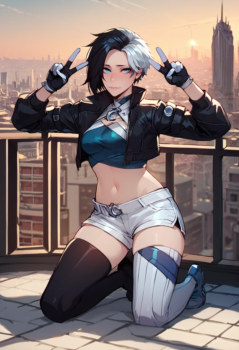 score_9, score_8_up, score_7_up,score_6_up, source_anime,
BREAK
lunasnow,black hair, two-tone hair,in heat, cropped jacket, midriff, white shorts,thighhighs,balcony, city, kneeling,double peace sign, v, looking looking at viewer,gloves, asymmetrical legwear,closed mouth,  <lora:lunasnow-08:0.8><lora:ratatatat74_pony_v2:1>