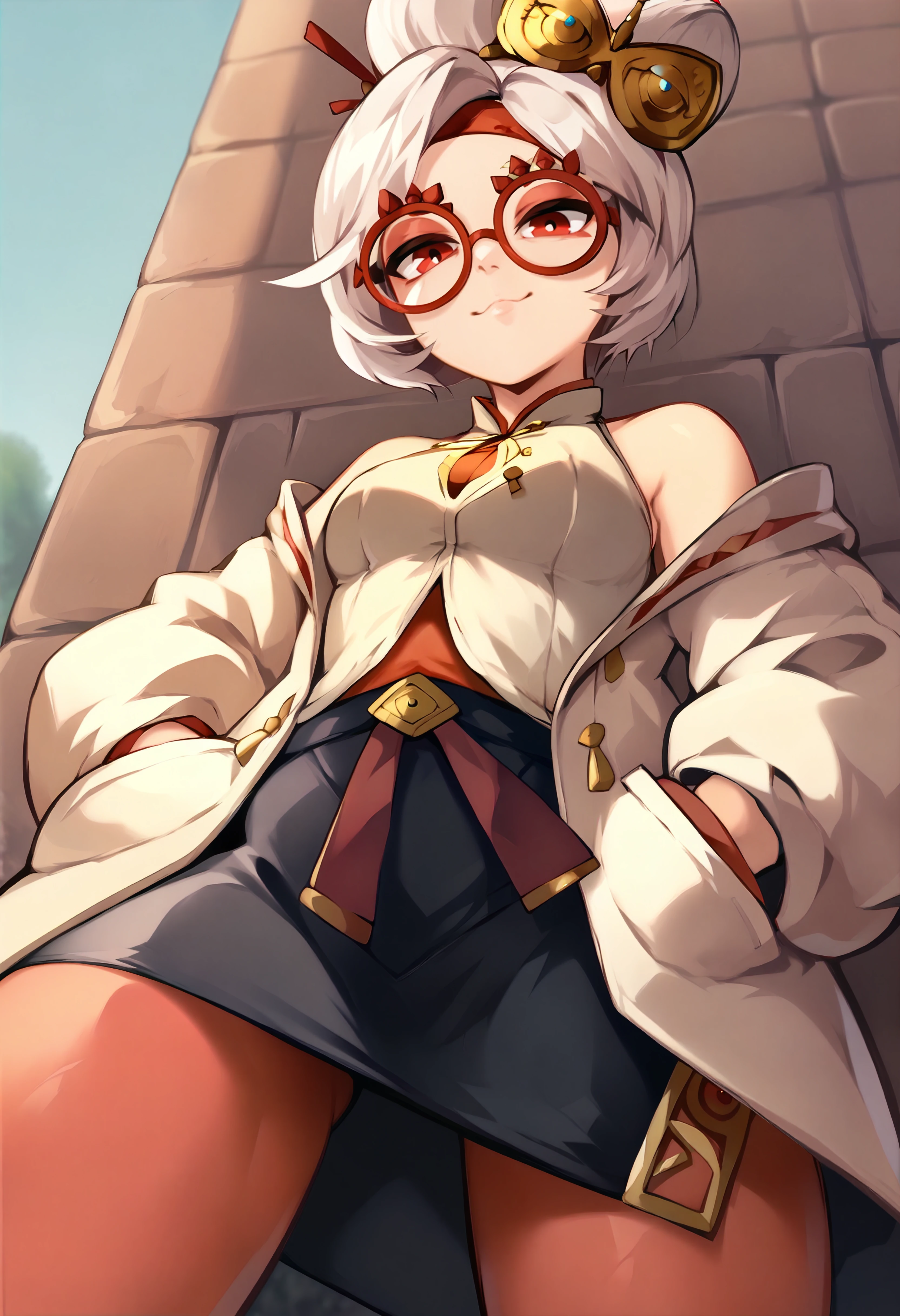 score_9, score_7_up BREAK solo,outdoors,purah,white hair,red eyes,hair ornament, red headband, red glasses, sleeveless shirt, white coat, black skirt, red leggings,hands in pockets,smug,closed mouth,from below <lora:purah-pdxl-nvwls-v1:1> <lora:queasys:1>
