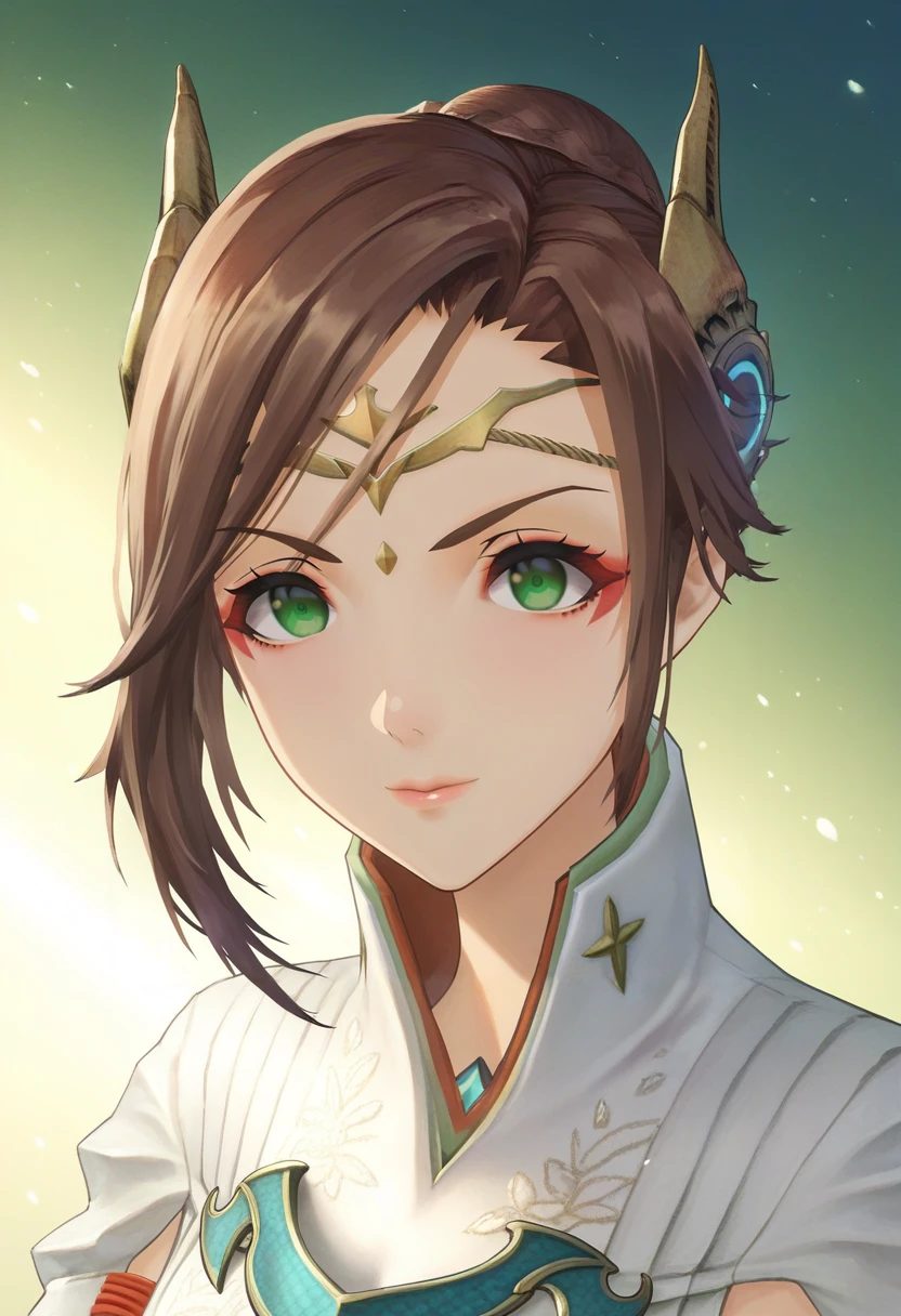 score_9, score_8_up, score_7_up, 1girl, solo, portrait, close-up, white shirt, breastplate, circlet, covered jewel, hair ornament, green eyes, looking at viewer, short hair, braided bun, alexandria, gradient background, light particles<lora:alexandria xl 020 fro 995:1>