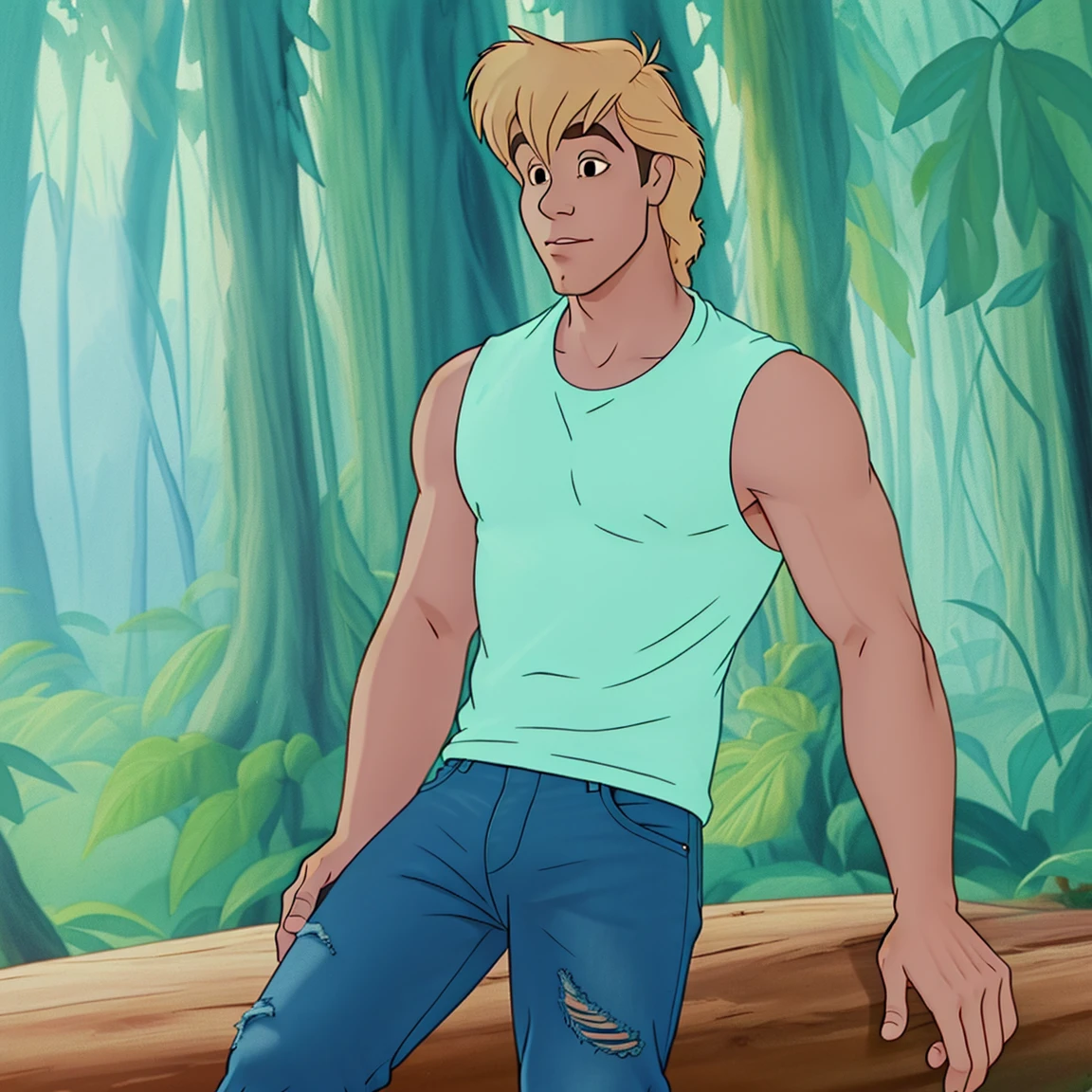 <lora:Zak V1.0-HH-000020:0.75> z9k5, 1boy,disney style animation drawing, drawing with dark lines, flat colors
1boy,man, tank top, jeans, sneakers, forest
 <lora:DisneyRenV2:0.1> disneyrenaissance style