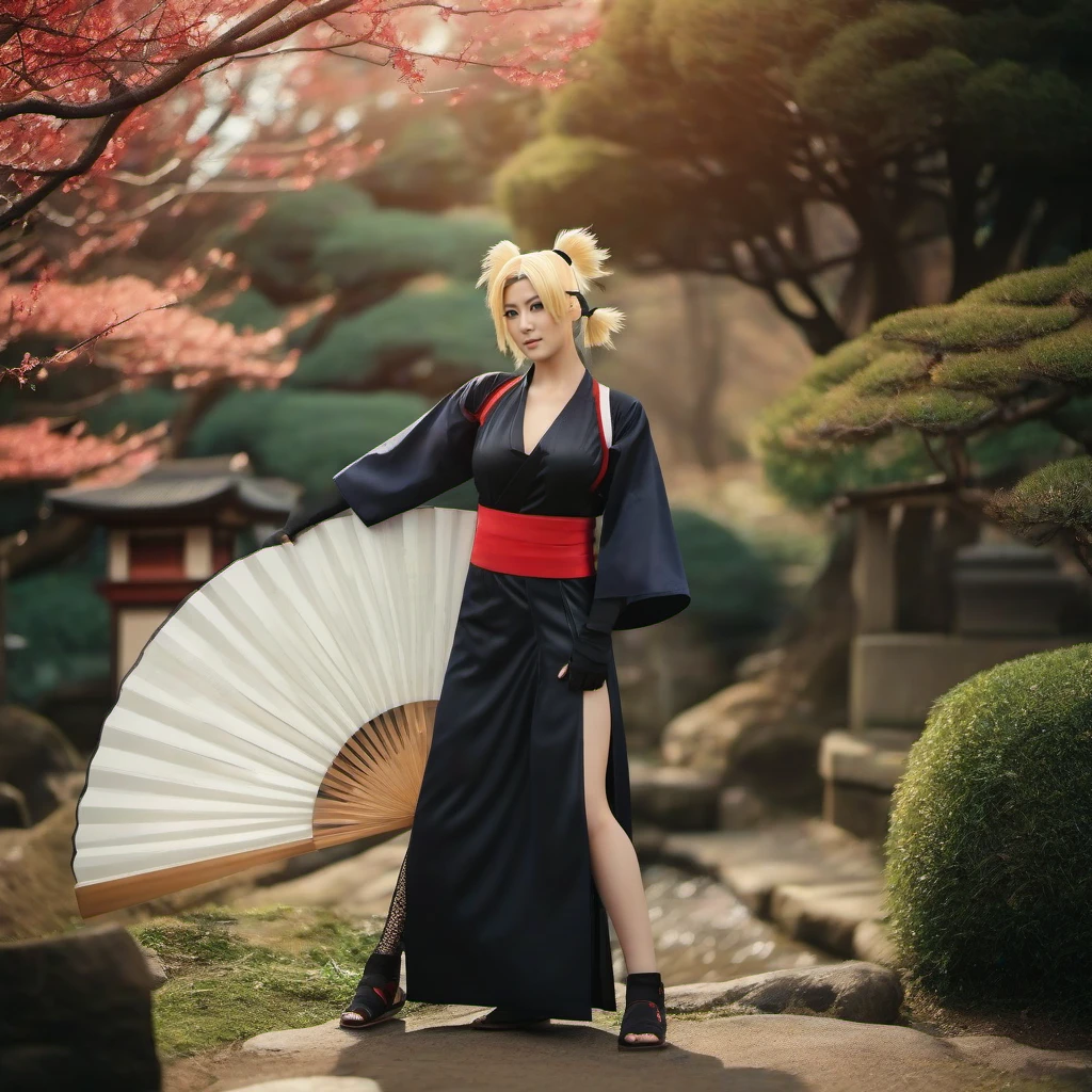 cinematic photo a full body portrait of 1girl, quad tails, blonde hair, fingerless gloves,  forehead protector, blue eyes, hand fan, fishnet, japanese clothes, toeless footwear, large breast, japanese garden <lora:Temari1024:0.8> . 35mm photograph, film, bokeh, professional, 4k, highly detailed