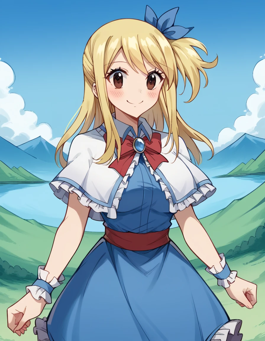 score_9, score_8_up, score_7_up, source_anime, lucyheartfilia, <lora:lucy-heartfilia-s7-ponyxl-lora-nochekaiser:1>, lucy heartfilia, blonde hair, brown eyes, long hair, one side up, ribbon, hair ribbon, blue ribbon, large breasts,, <lora:alice-margatroid-cosplay-ponyxl-lora-nochekaiser:1>, alicemargatroidcosplay, alice margatroid \(cosplay\), blue dress, bow, bowtie, red bowtie, brooch, capelet, dress, jewelry, red sash, sash, white capelet, wrist cuffs, frilled skirt, frills, frilled capelet, frilled sash, frilled ribbon,, landscape, smile, blush,, cowboy shot, dutch angle, solo,