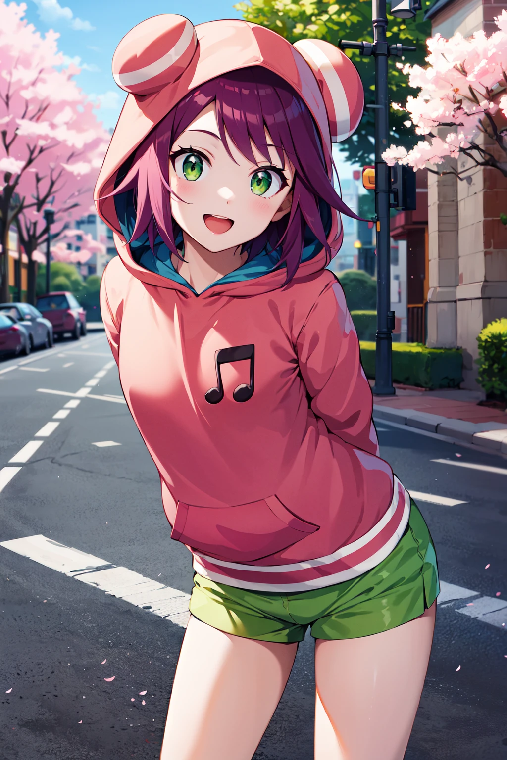 masterpiece, best quality, highres, 1girl, solo, short hair, purple hair, green eyes, hood up, pink hoodie, musical note, elbow gloves, striped gloves, fingerless gloves, green shorts, <lora:hibiki_misora_(harp_note)_v1:0.7>, arms behind back, leaning forward, standing, cowboy shot, smile, open mouth, outdoors, cherry blossoms, street,