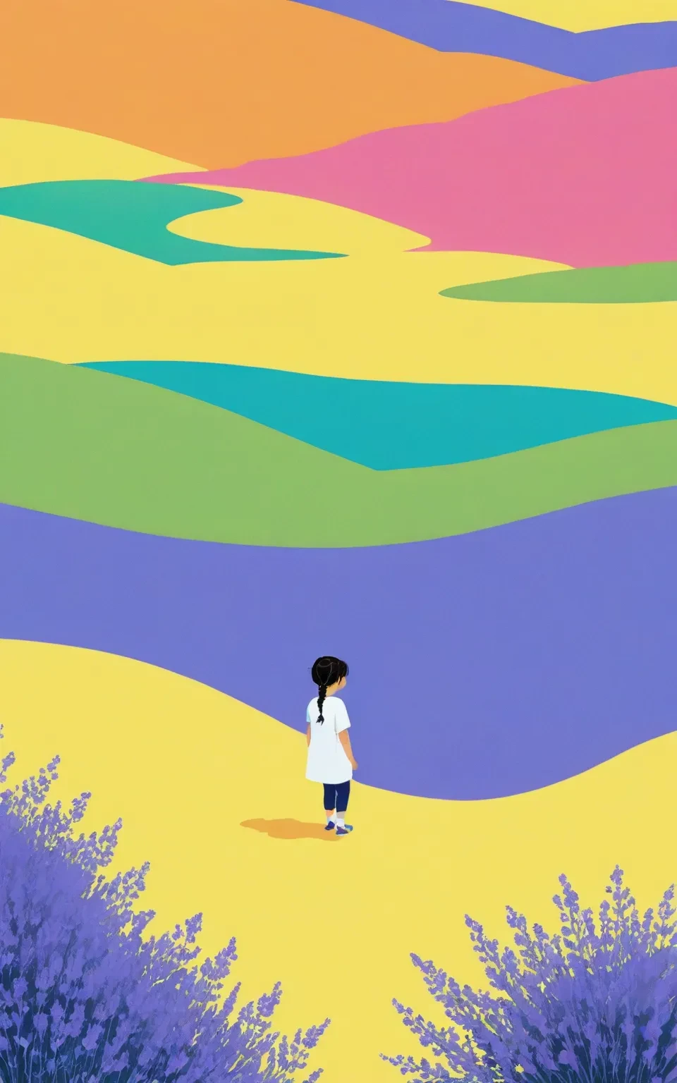 1girl,zyxch,
line drawing, line art,yound child,hair tied back into two braids,a kid surrounded by lavender,trees background,on a yellow sloping field,cover design,top view,vector style bright and bold colour palette,render of colorful lines with dots on a black background, waves in rainbow colors flowing across the scene creating a depth effect, in the style of an abstract digital artwork,children's book illustration
masterpiece, newest, absurdres,safe
<lora:zyshb:1>