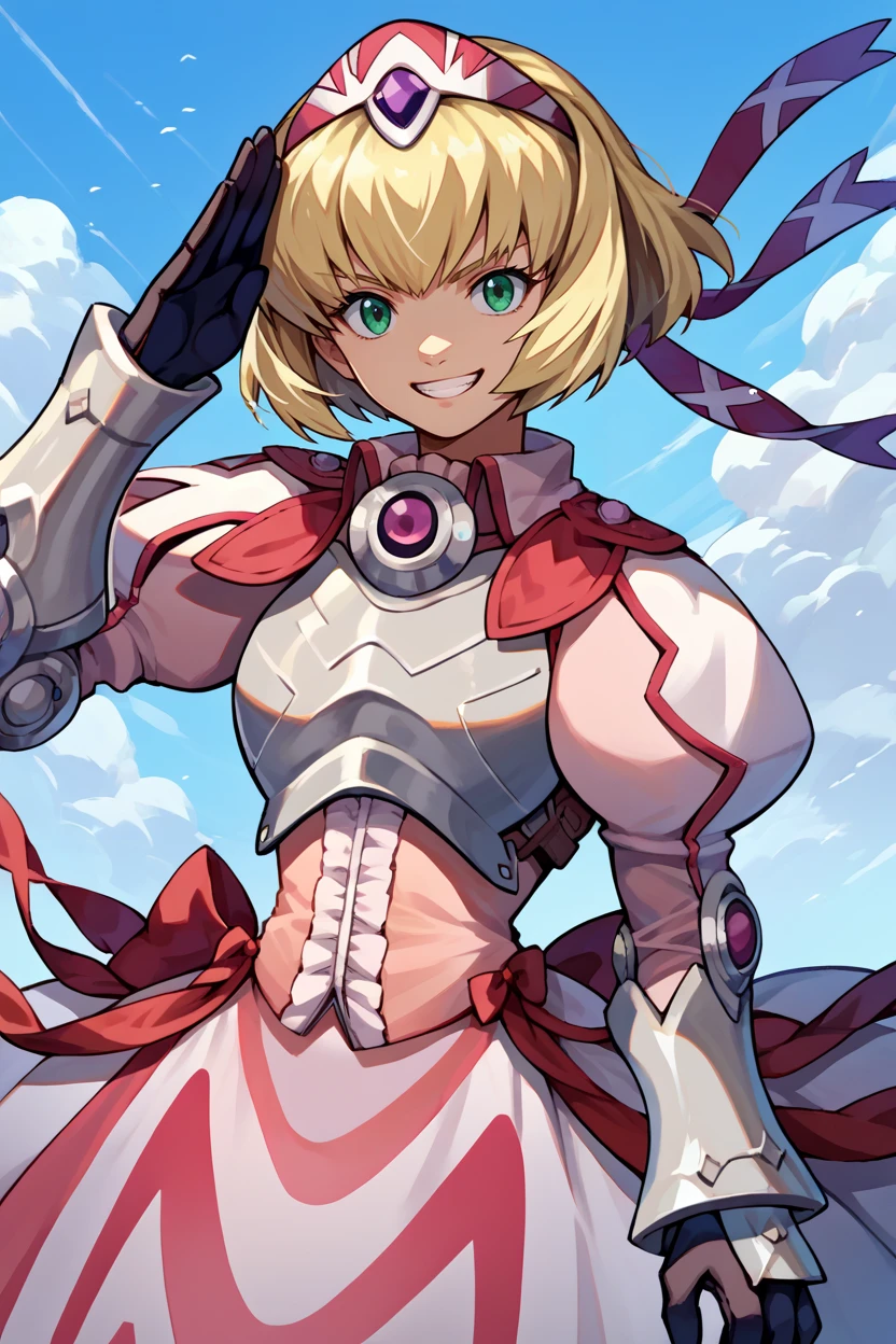 score_9, score_8_up, score_7_up, score_6_up, source_anime, 1girl, solo,  <lora:xfalexia-pdxl-nvwls-v1-000005:1> fenAlexia, short hair, blonde hair, hair ornament, gauntlets, armored dress, red bow, black gloves, blue sky, looking at you, grin, salute